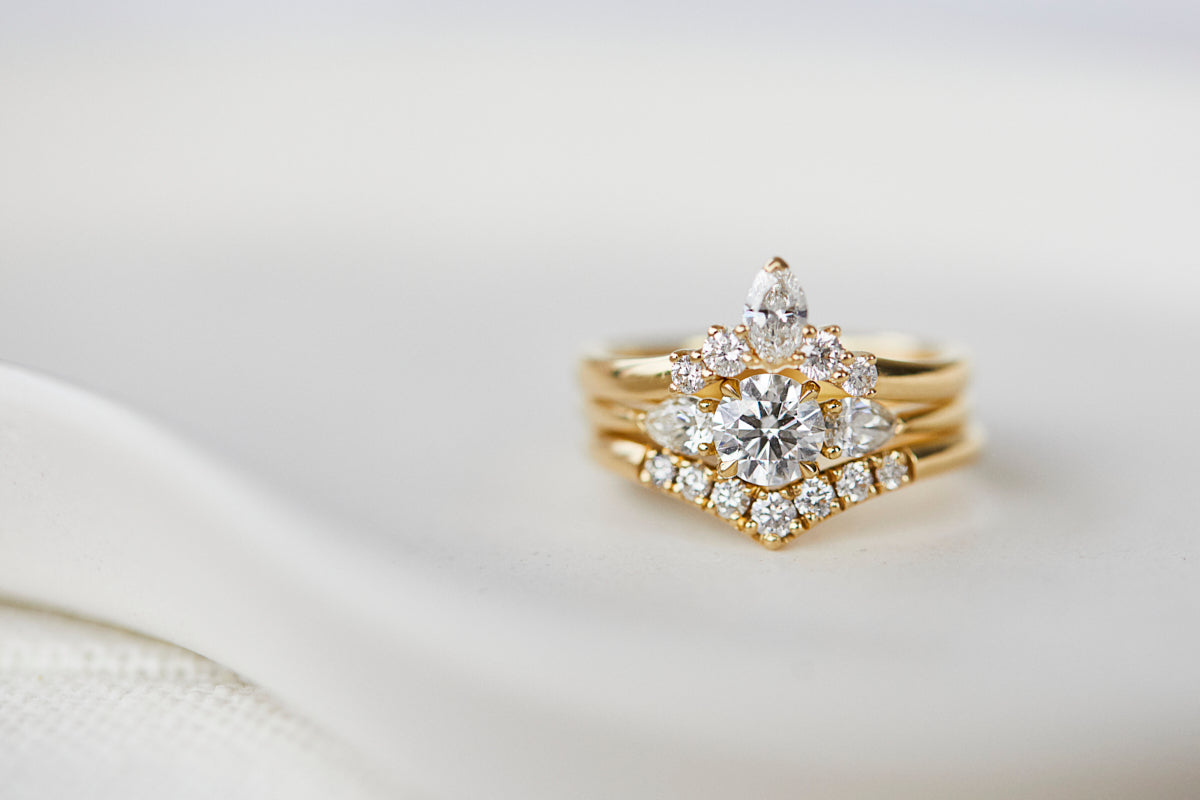 Modern 18ct yellow gold lab grown diamond engagement and wedding ring