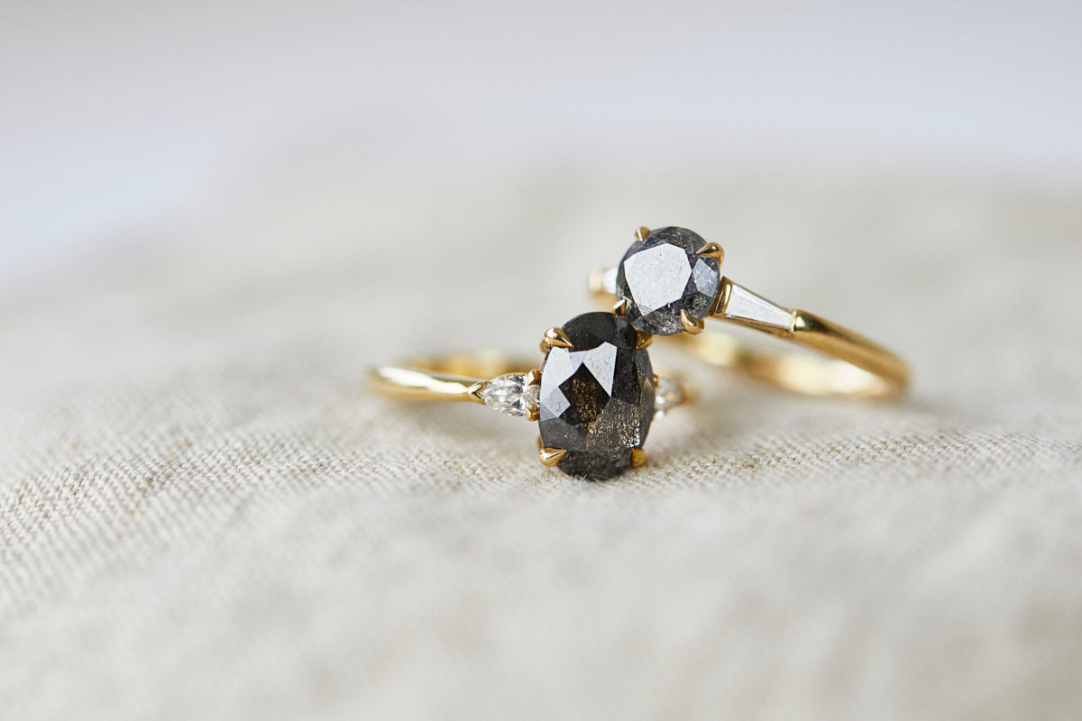 18ct yellow gold round and oval salt and pepper diamond engagement rings