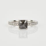 Platinum salt and pepper princess rose cut diamond engagement pavé ring