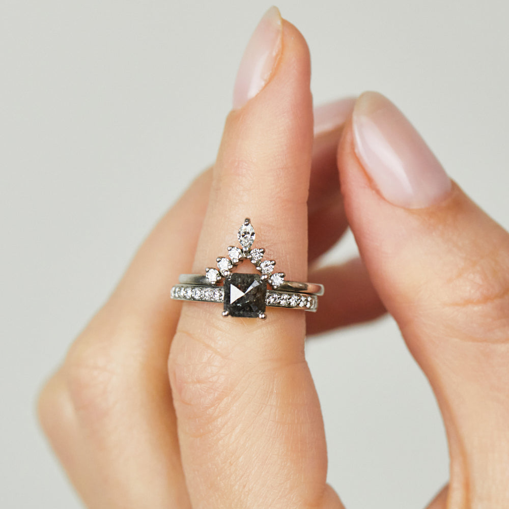 Platinum salt and pepper princess rose cut diamond engagement pavé ring