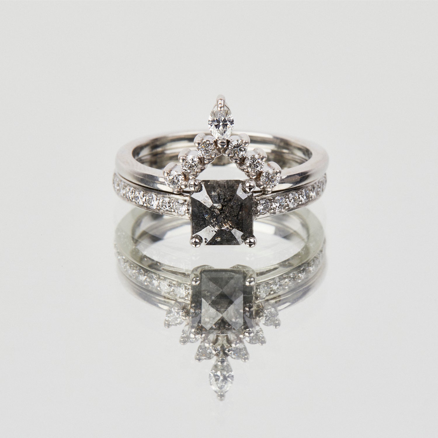 Platinum salt and pepper princess rose cut diamond engagement pavé ring