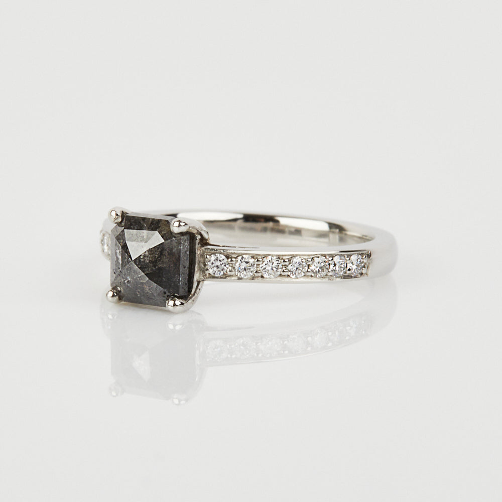 Platinum salt and pepper princess rose cut diamond engagement pavé ring