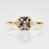 18ct yellow gold salt and pepper emerald cut diamond engagement trilogy ring