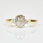 18ct yellow gold salt and pepper oval diamond engagement trilogy ring
