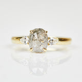 18ct yellow gold salt and pepper oval diamond engagement trilogy ring