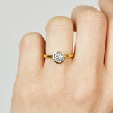 18ct yellow gold salt and pepper round brilliant cut diamond engagement bezel ring