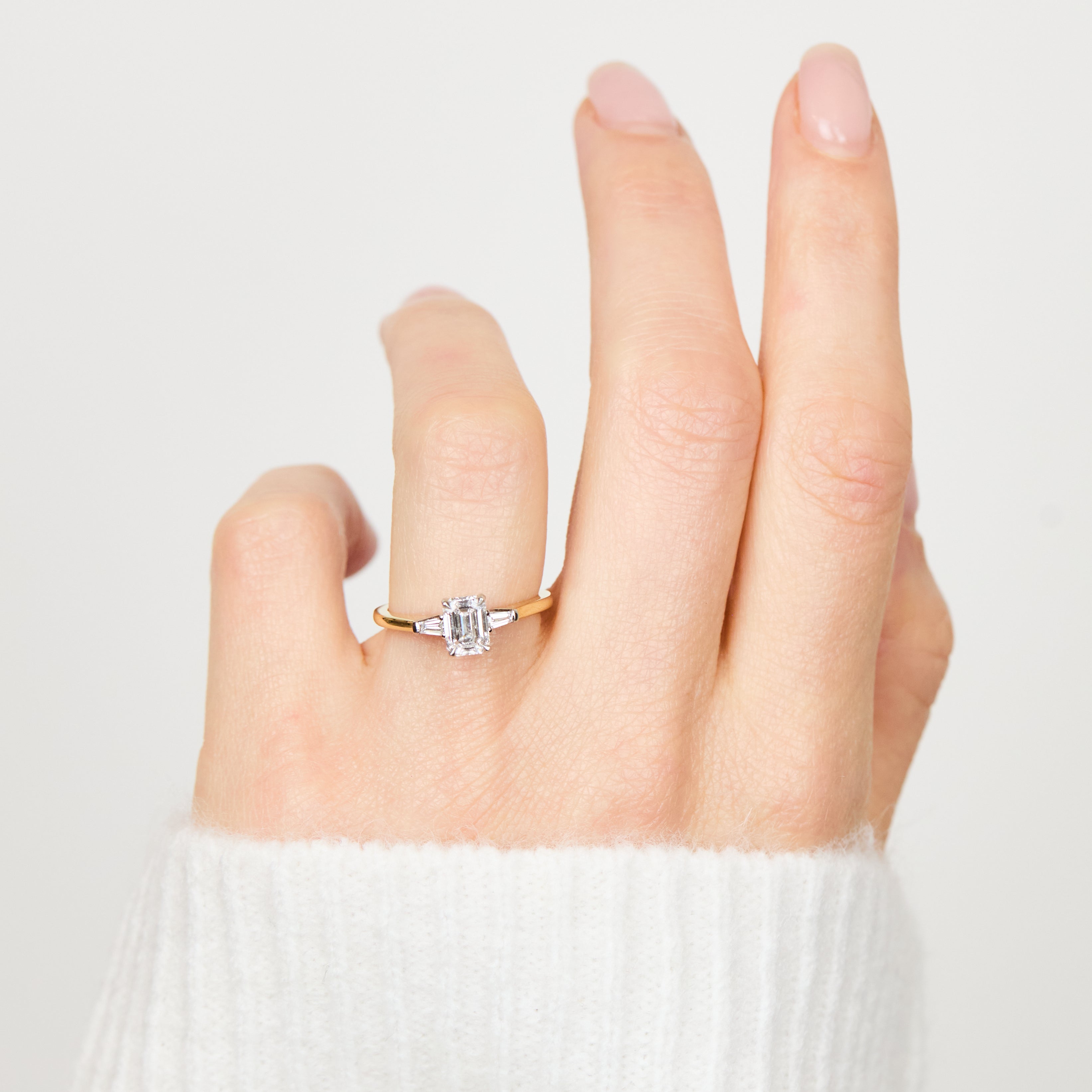 18ct yellow gold emerald cut trilogy lab grown diamond ring UK