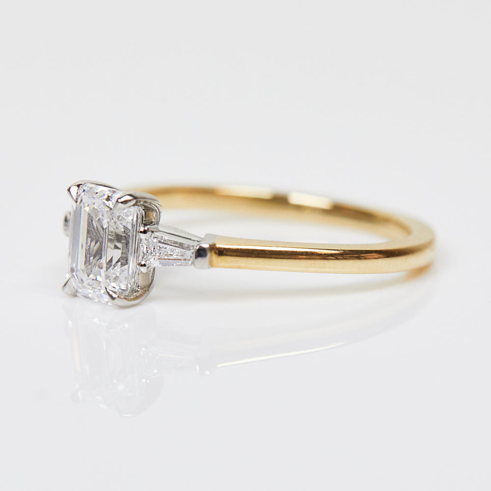 18ct yellow gold emerald cut trilogy lab grown diamond ring UK