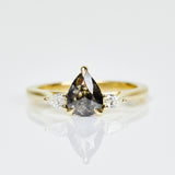 18ct yellow gold salt and pepper pear diamond engagement trilogy ring
