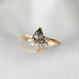 18ct yellow gold salt and pepper pear diamond engagement trilogy ring