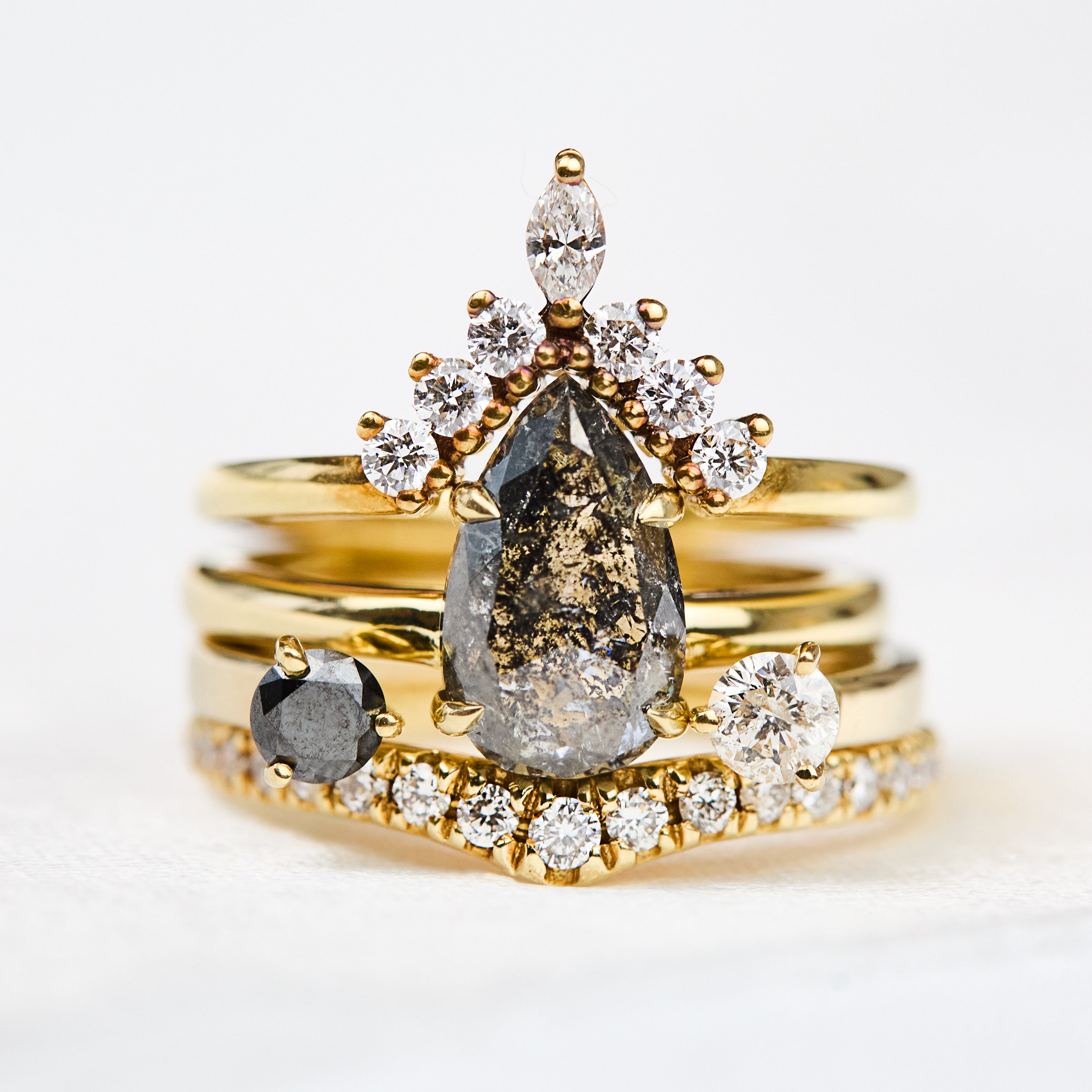 18ct yellow gold salt and pepper pear diamond engagement solitaire ring