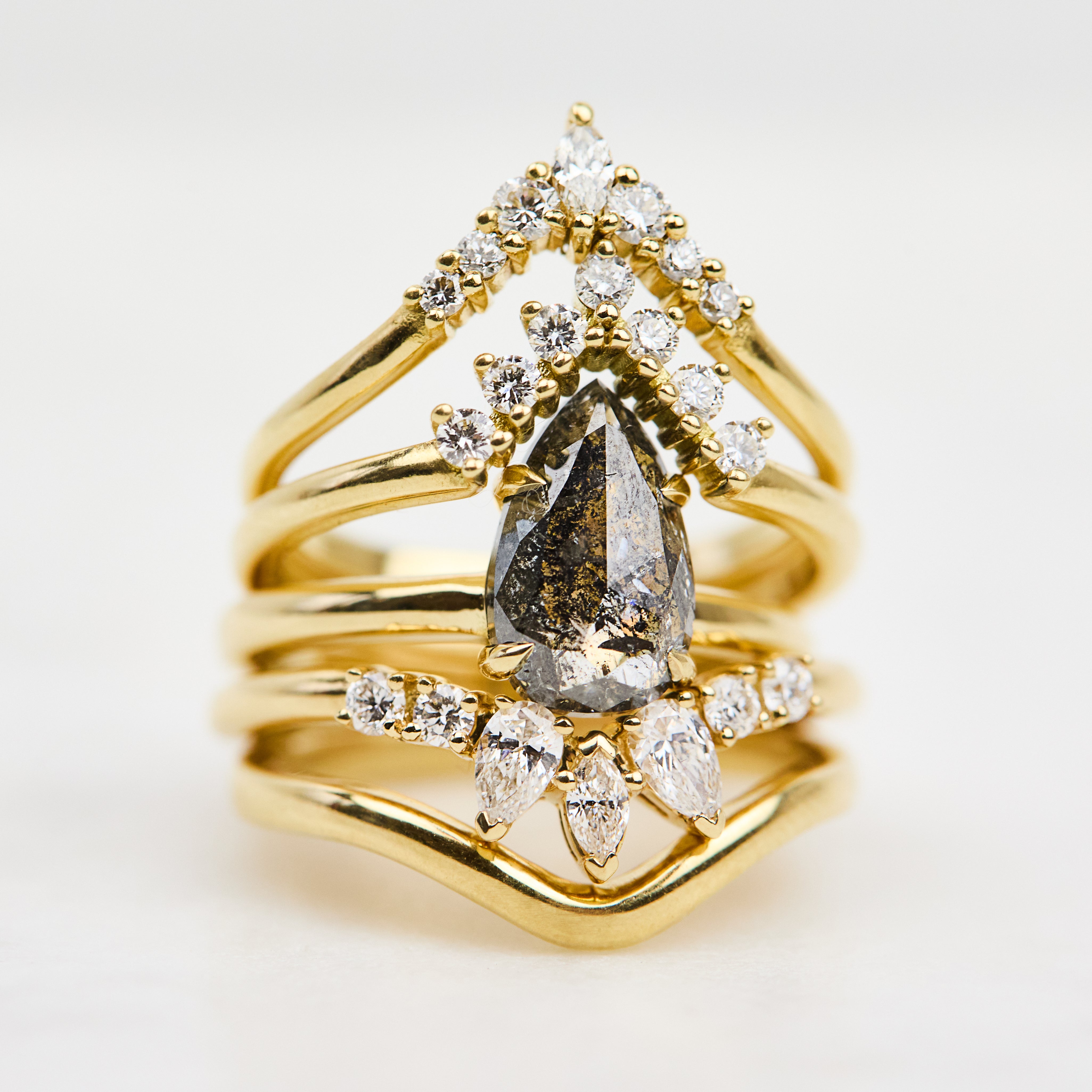 18ct yellow gold salt and pepper pear diamond engagement solitaire ring