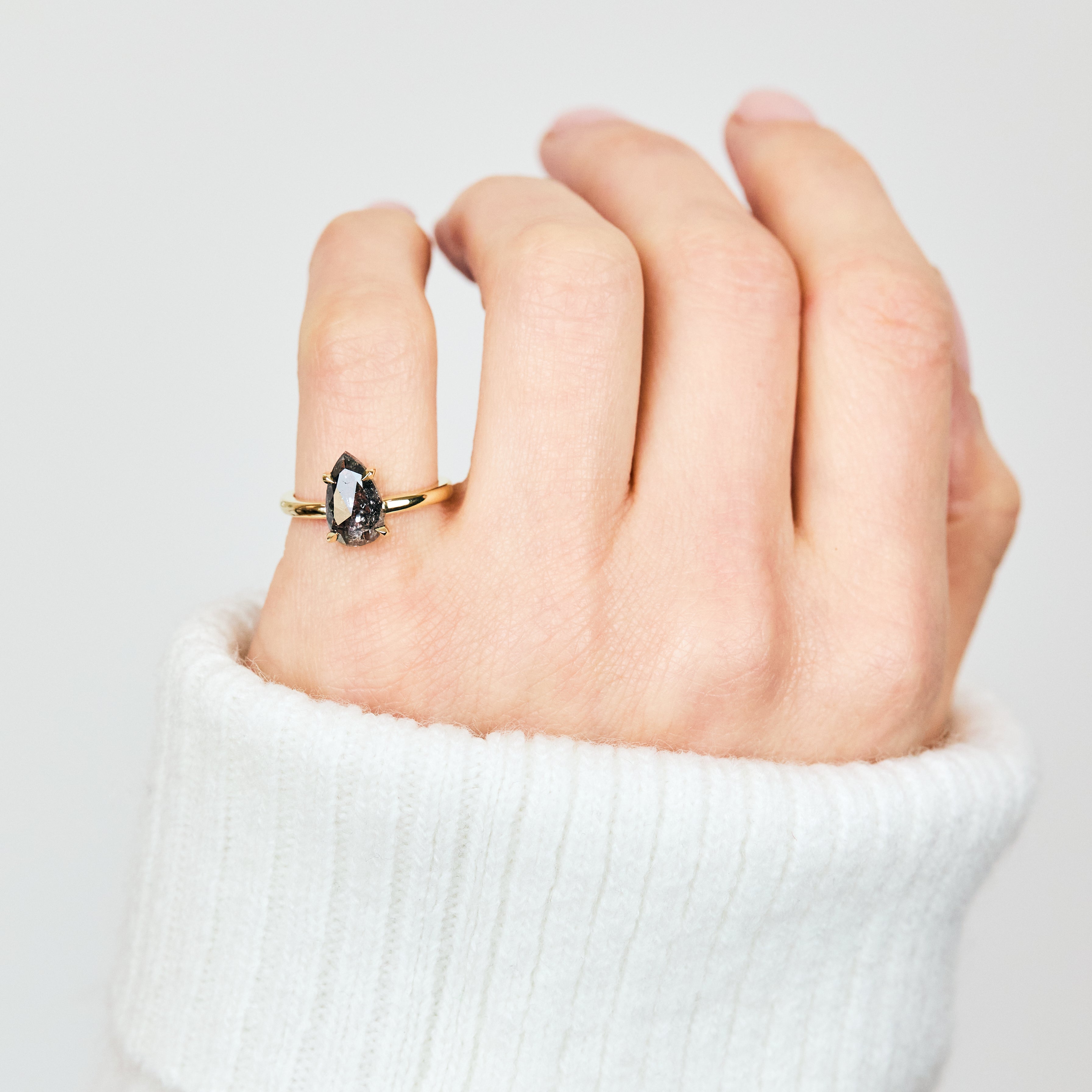 18ct yellow gold salt and pepper pear diamond engagement solitaire ring