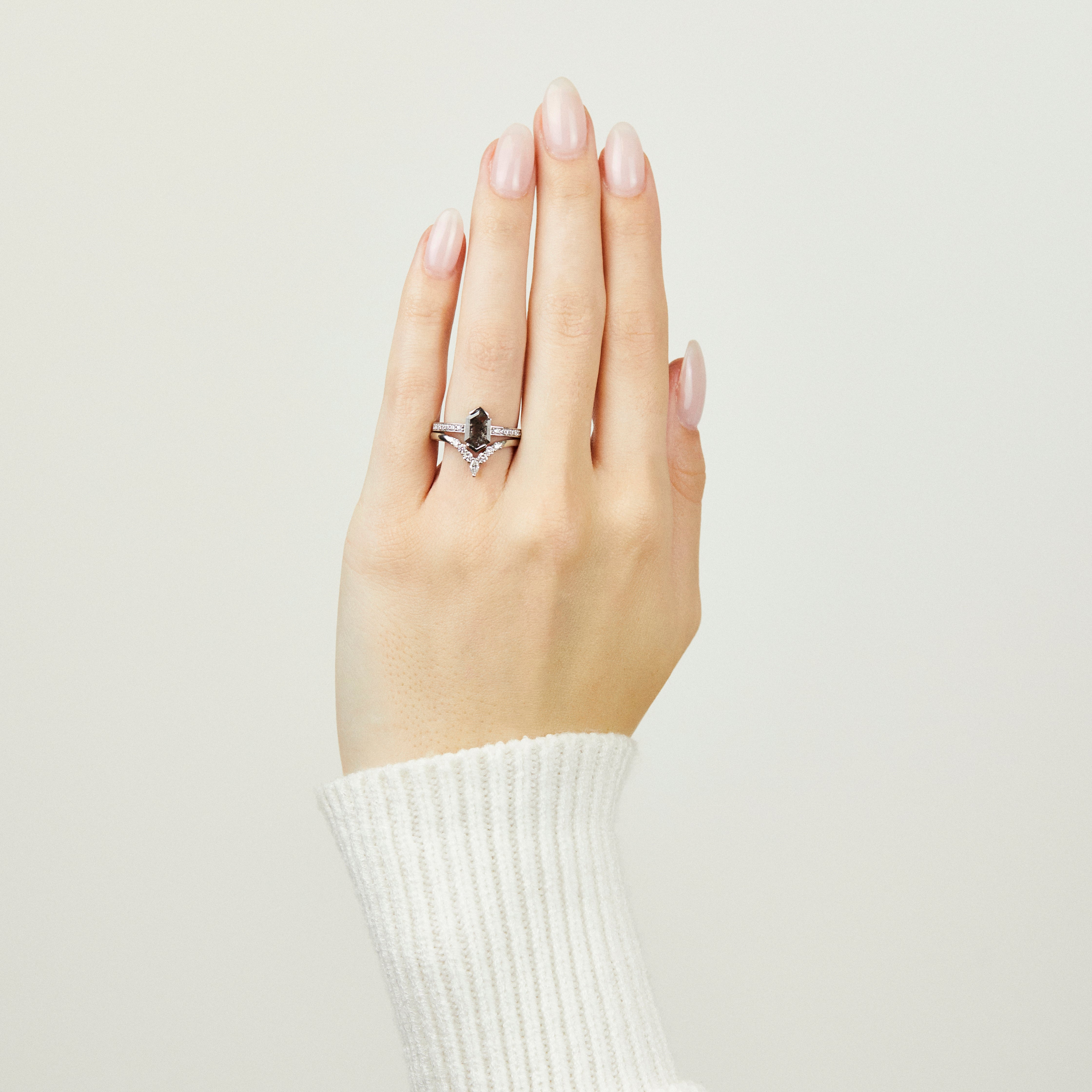 Platinum salt and pepper hexagon diamond engagement pavé ring