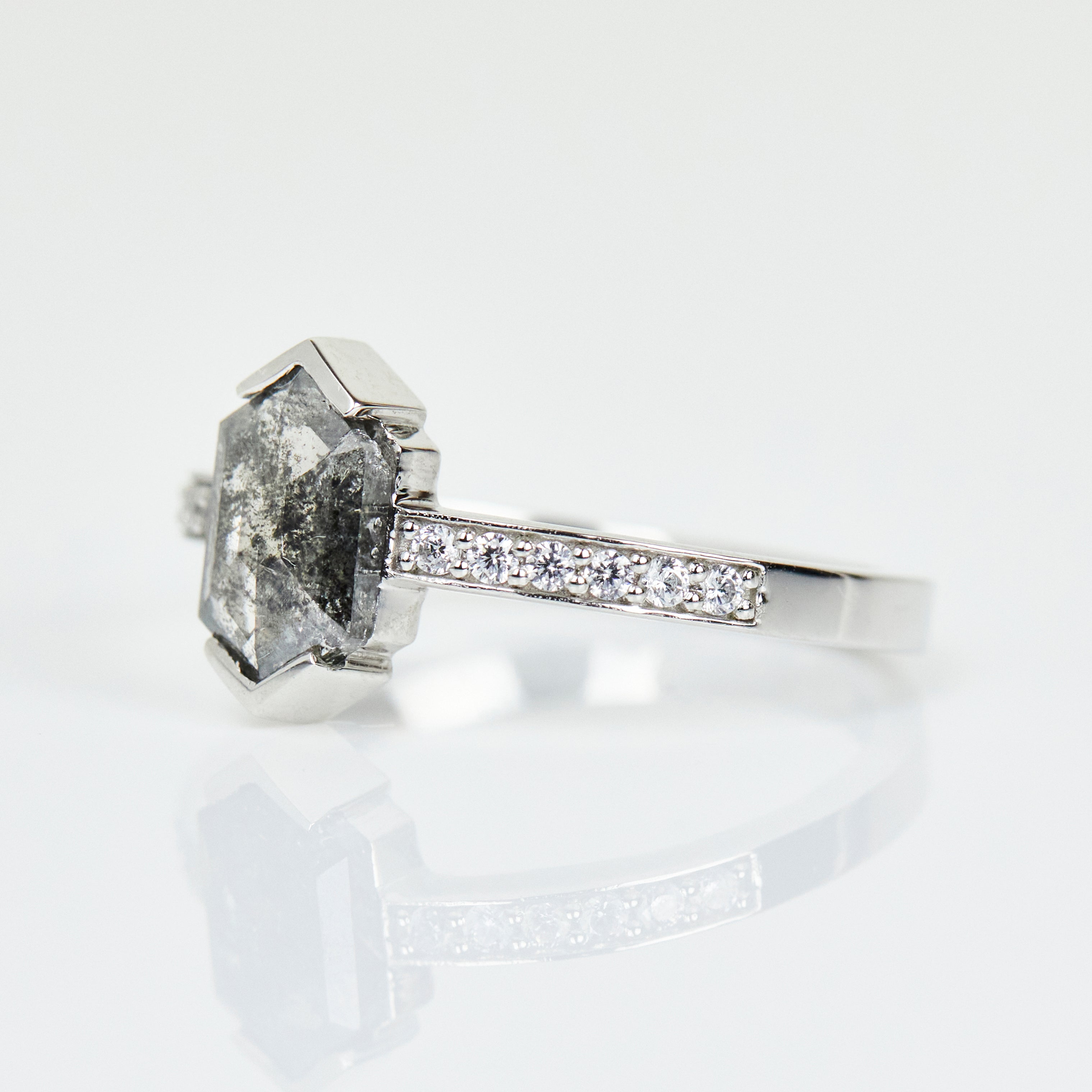 Platinum salt and pepper hexagon diamond engagement pavé ring