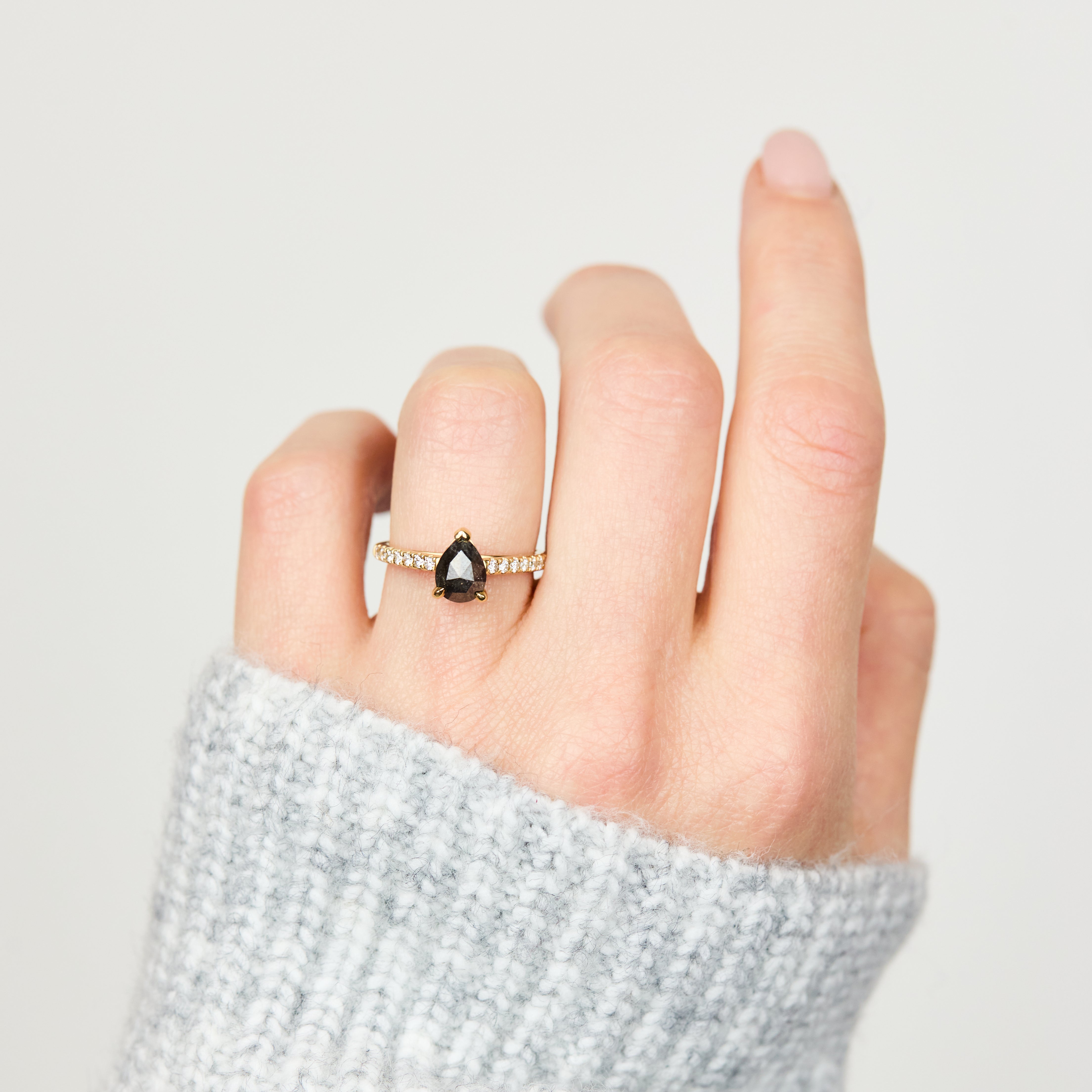18ct yellow gold salt and pepper pear diamond engagement pavé ring