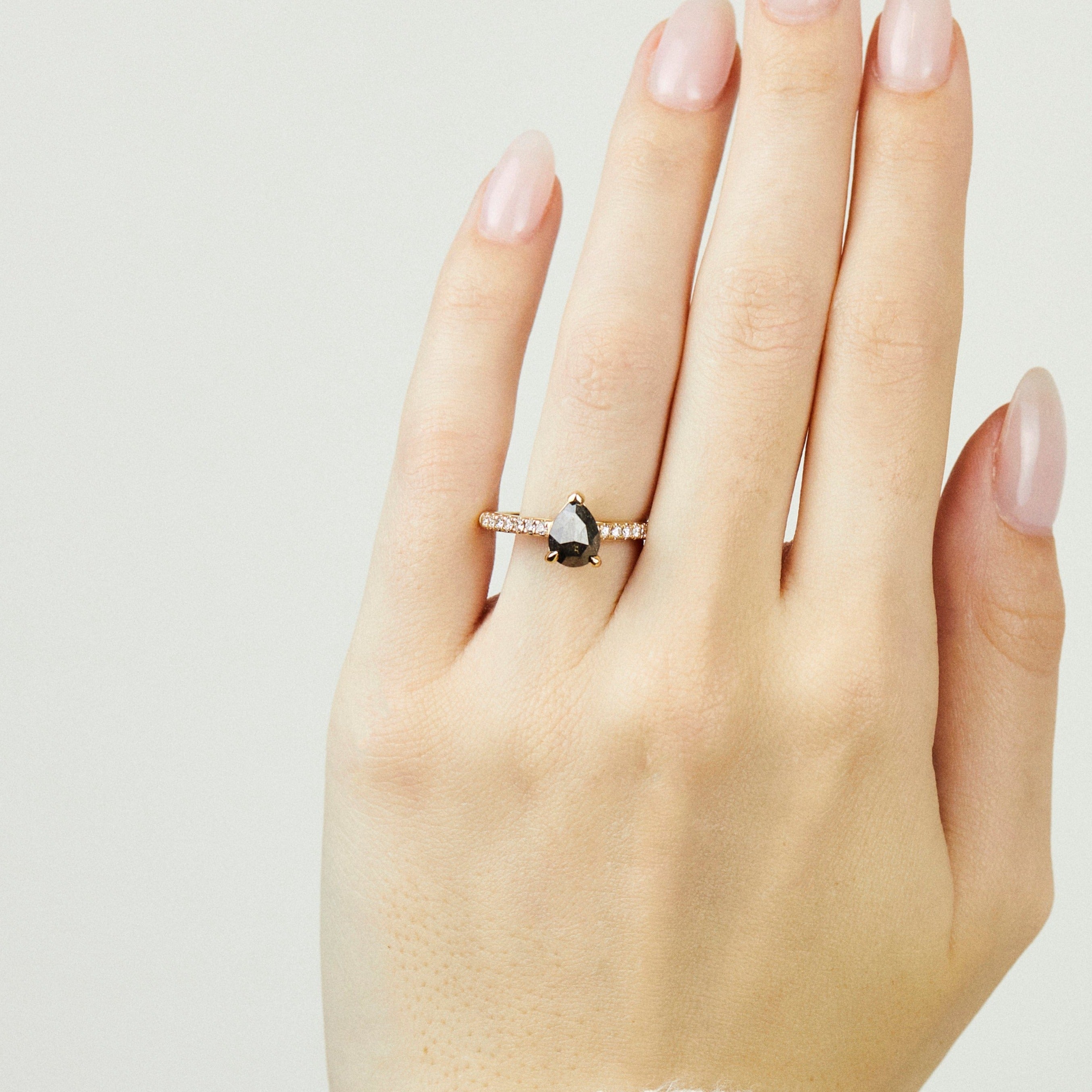 18ct yellow gold salt and pepper pear diamond engagement pavé ring