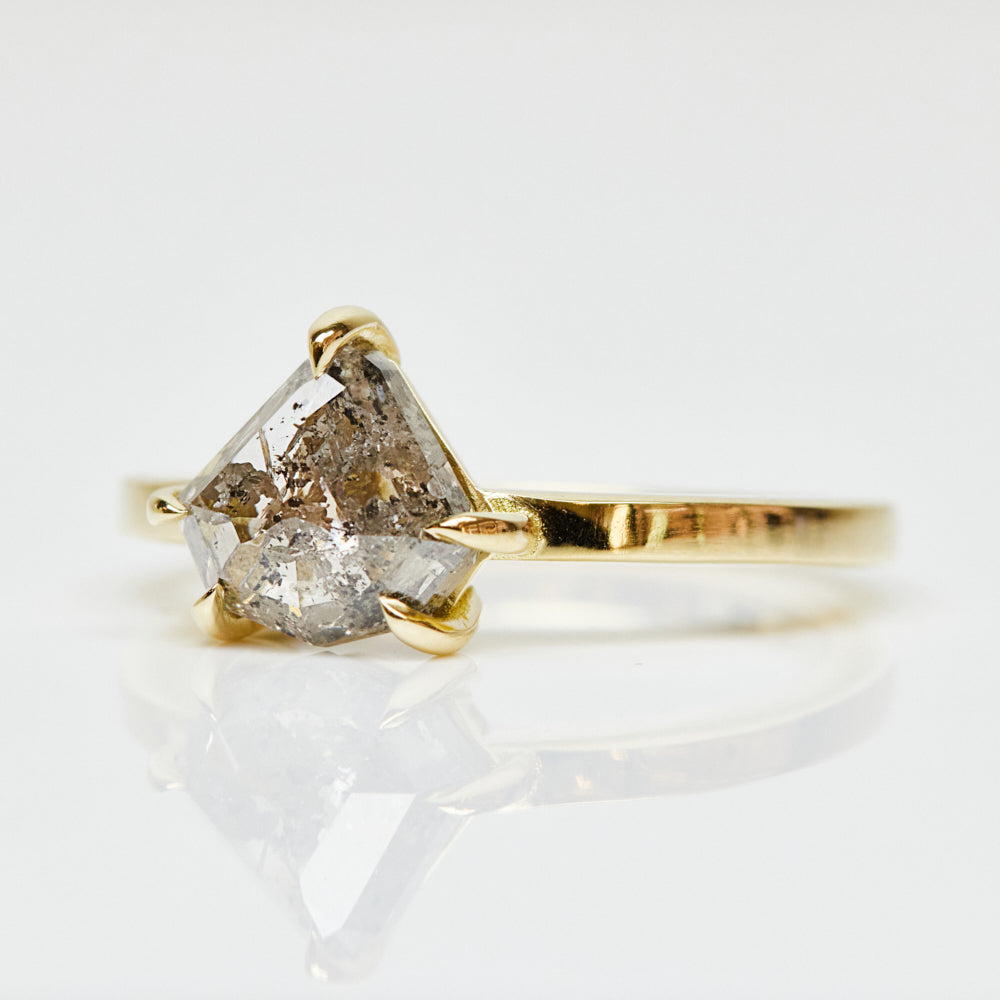 18ct yellow gold salt and pepper shield diamond engagement solitaire ring