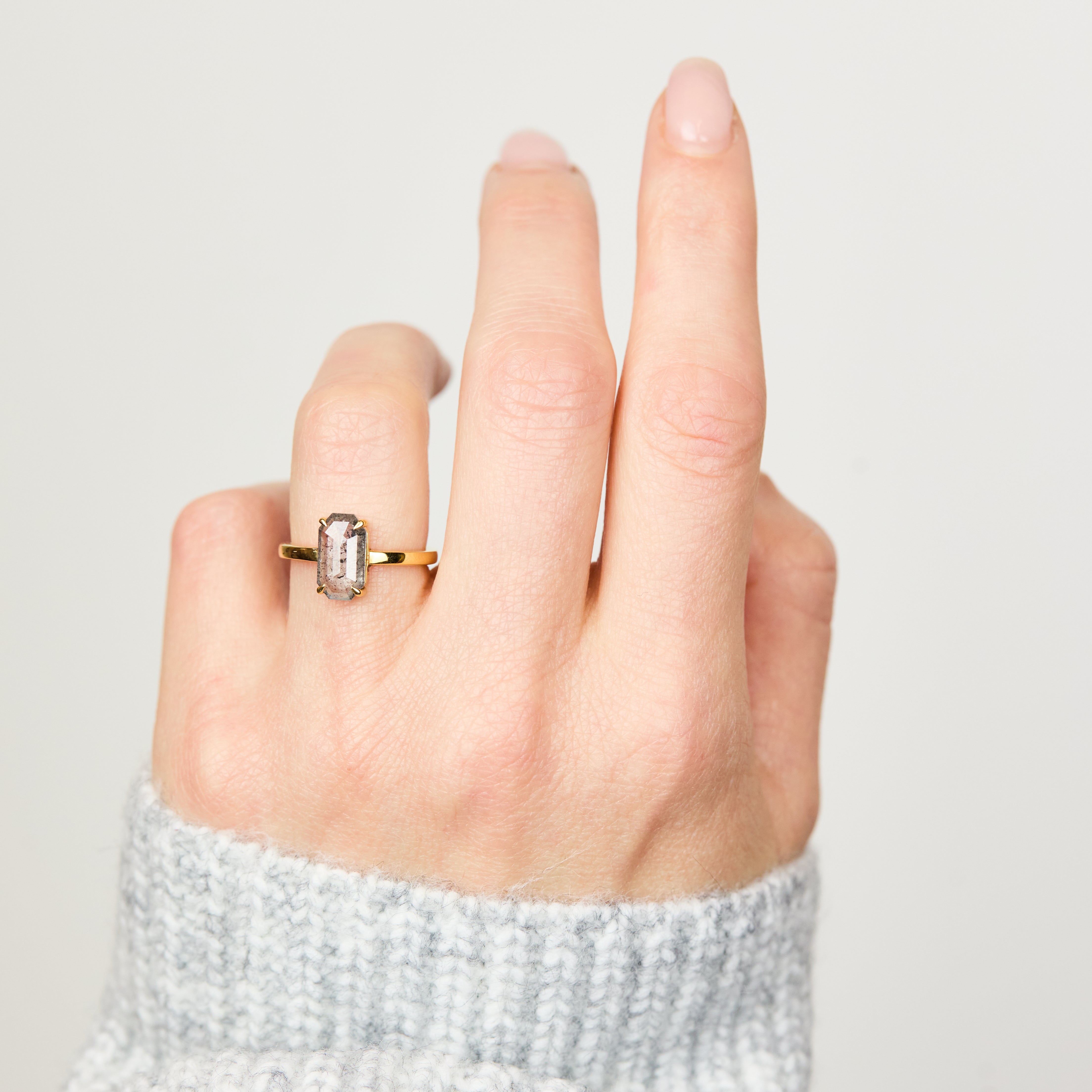 18ct yellow gold salt and pepper emerald cut diamond engagement solitaire ring