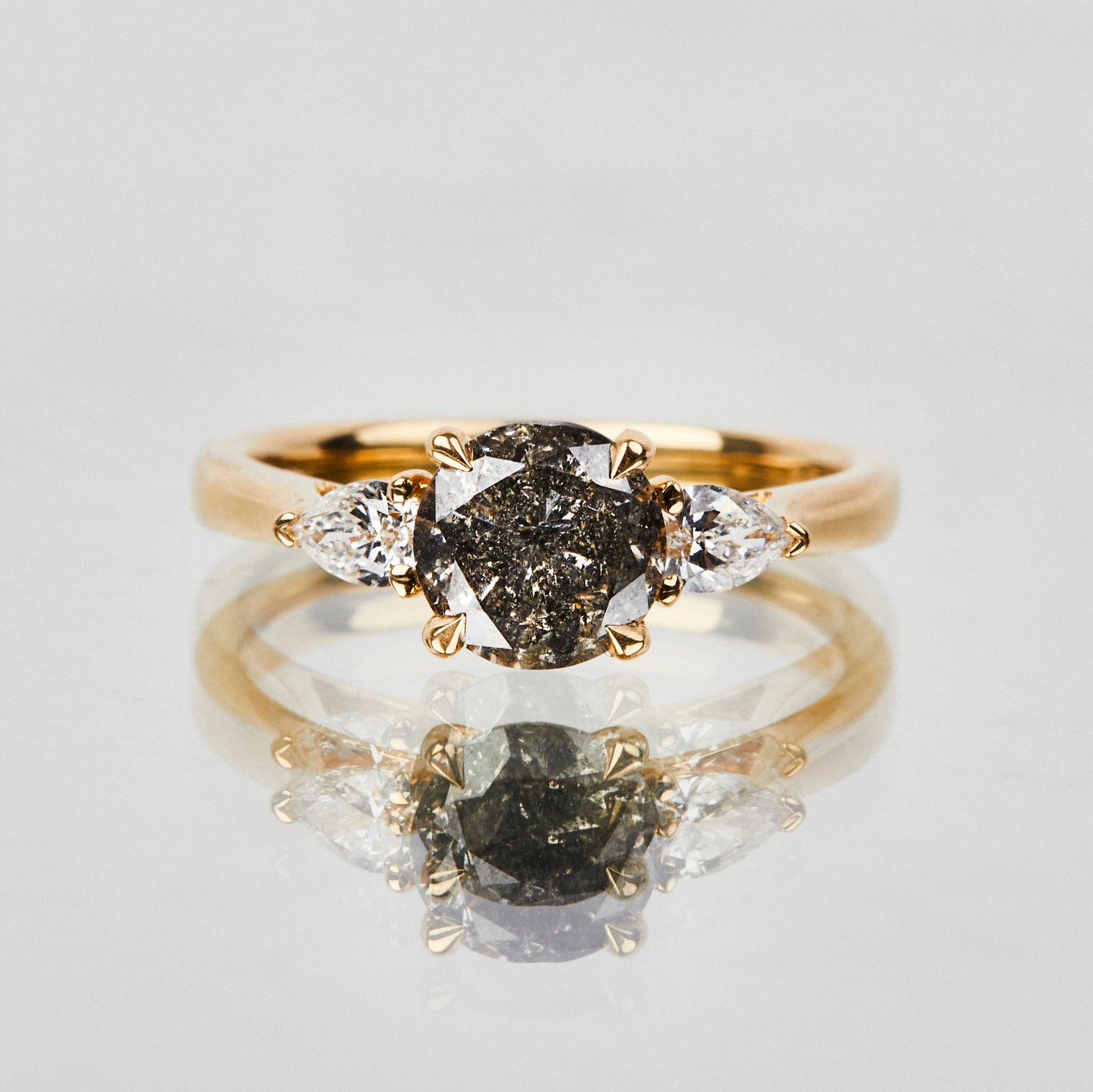18ct yellow gold salt and pepper brilliant round cut diamond engagement trilogy ring