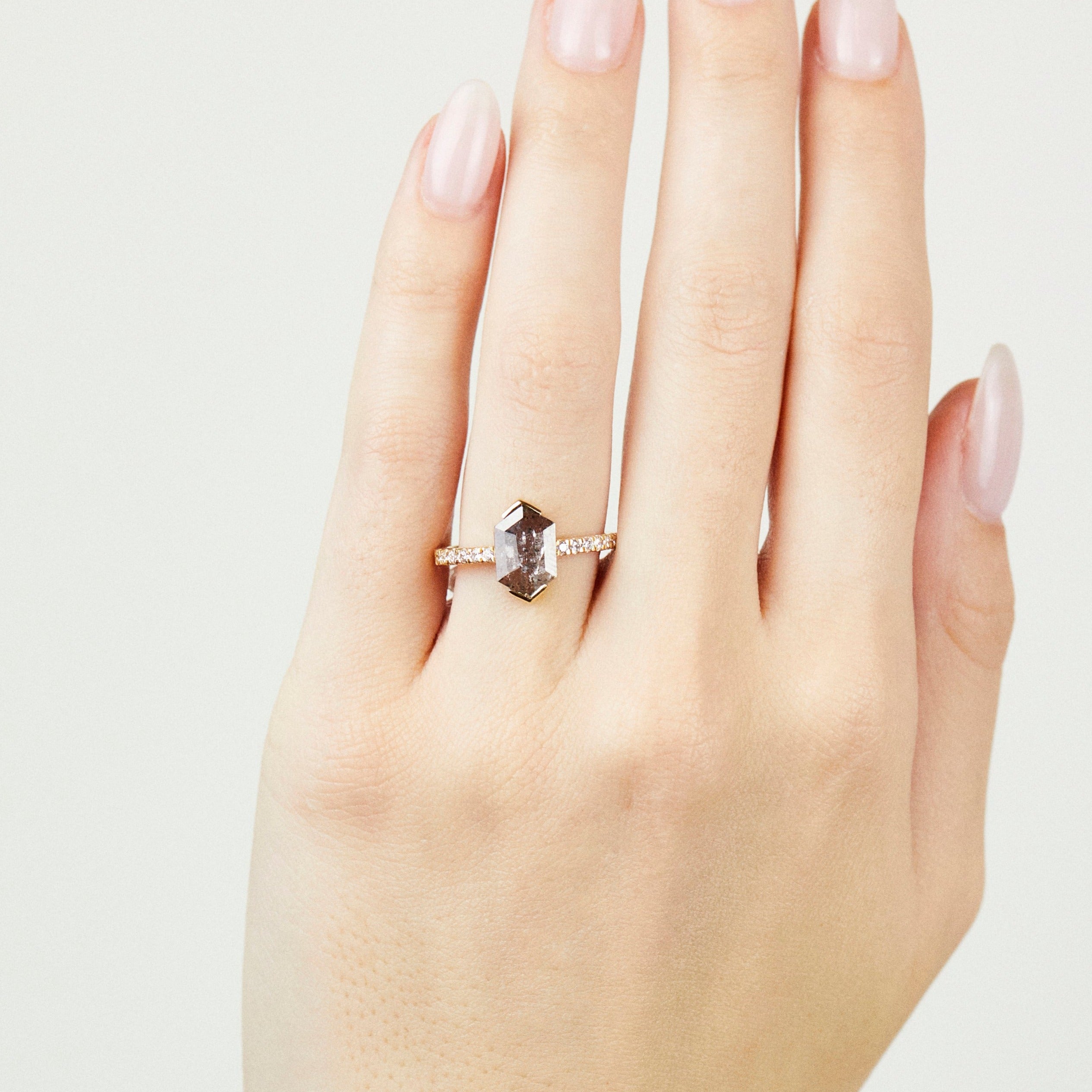 18ct yellow gold salt and pepper hexagon diamond engagement pavé ring
