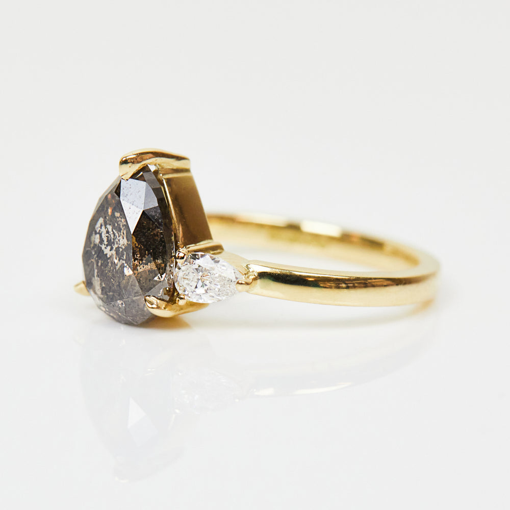 18ct yellow gold salt and pepper pear diamond engagement trilogy ring