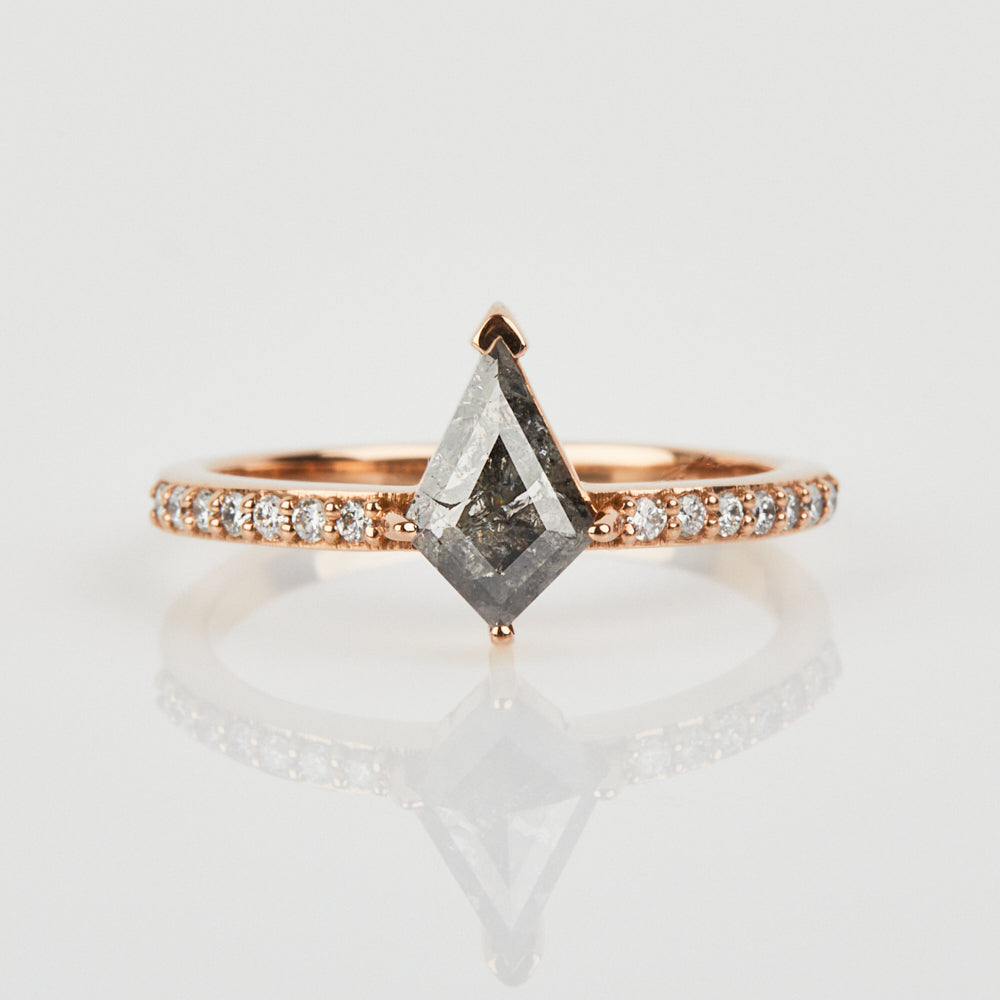 18ct rose gold salt and pepper kite diamond engagement pavé ring