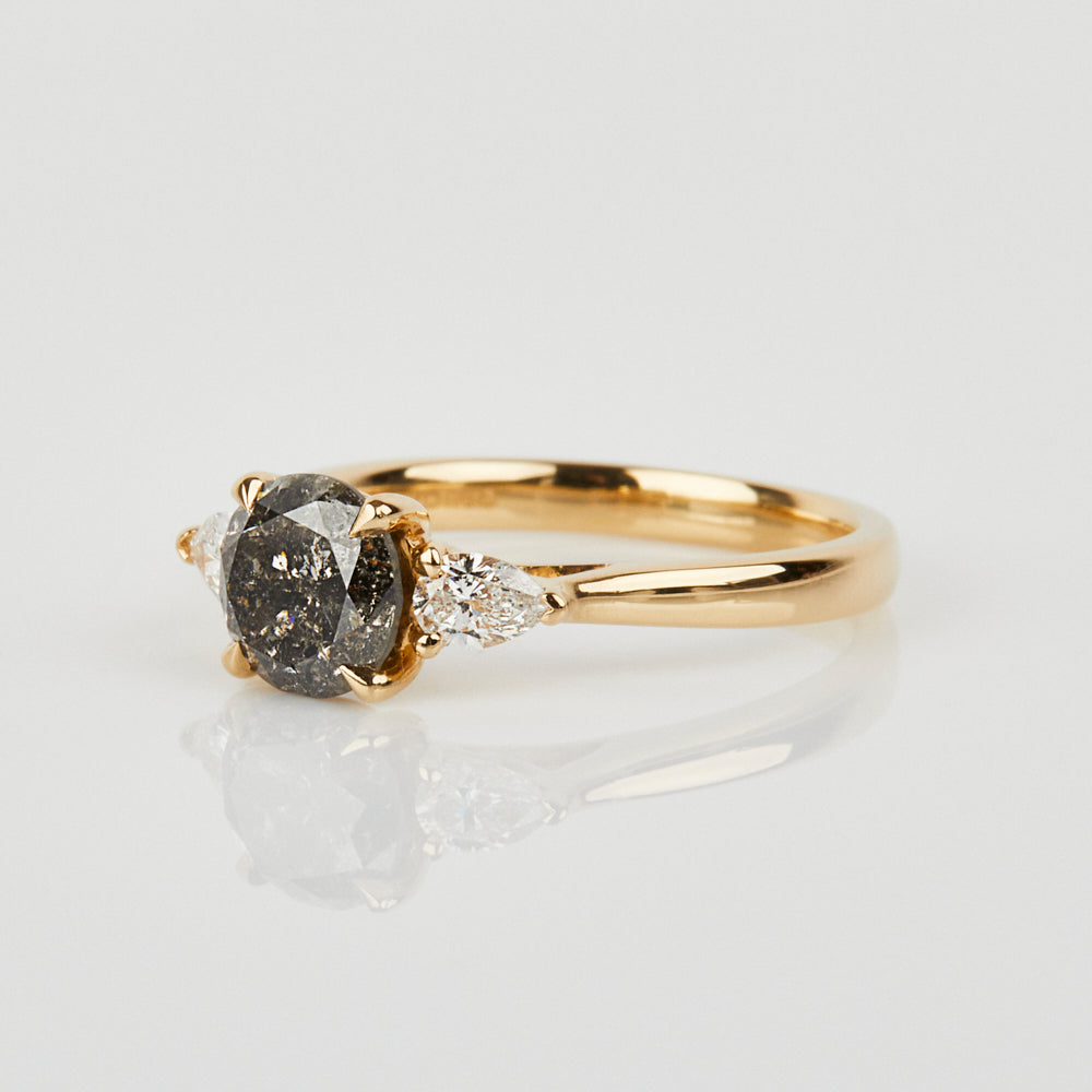 18ct yellow gold salt and pepper brilliant round cut diamond engagement trilogy ring