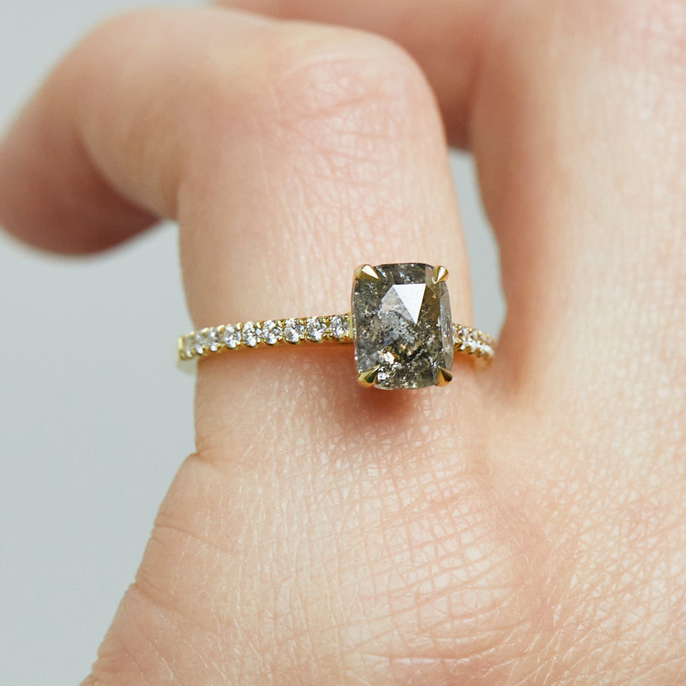 18ct yellow gold salt and pepper cushion cut diamond engagement pavé ring