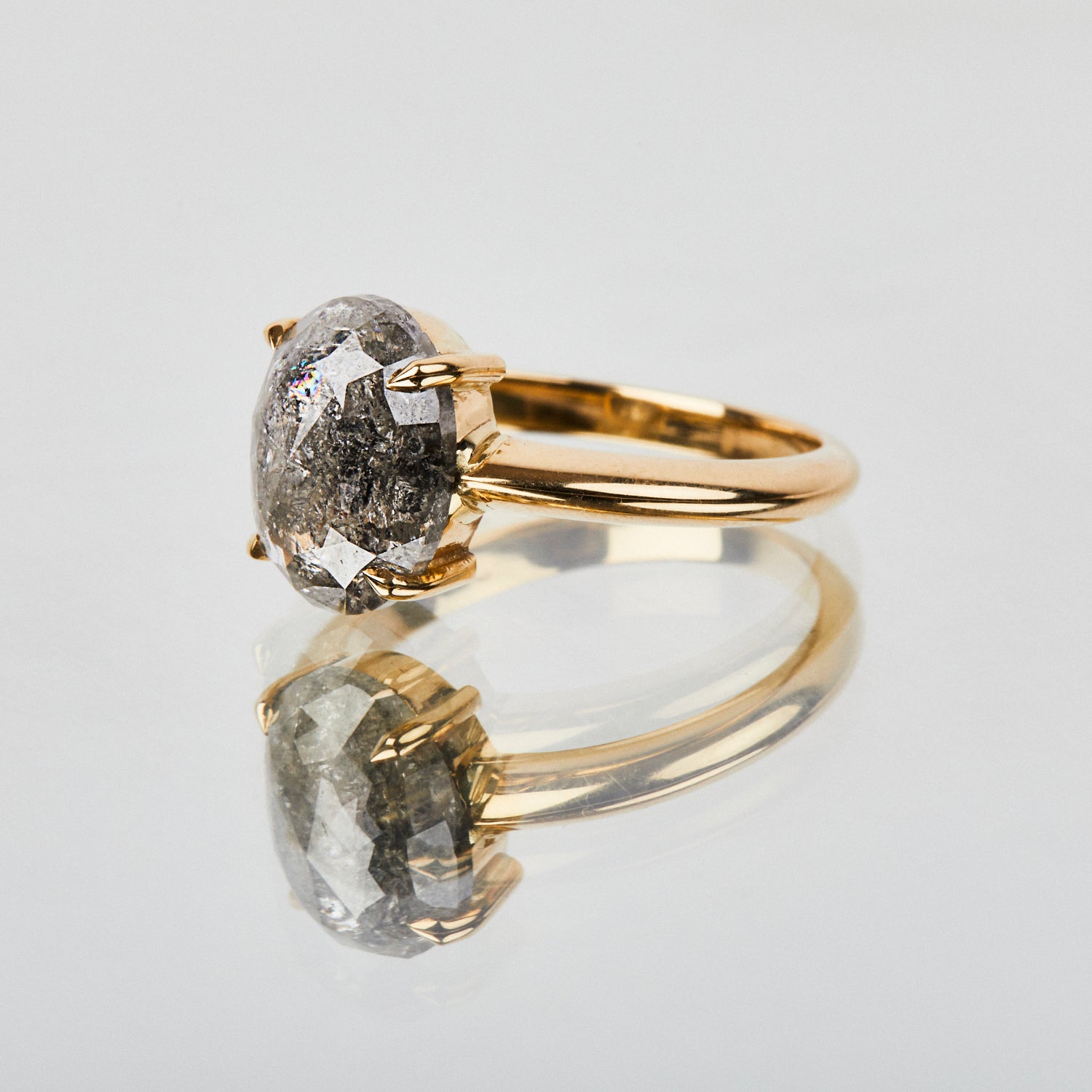 18ct yellow gold salt and pepper oval diamond engagement solitaire ring