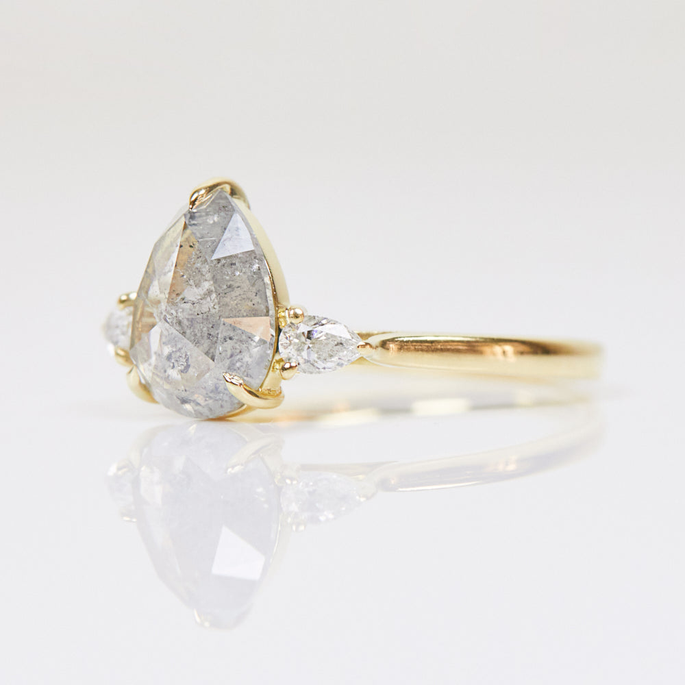 18ct yellow gold salt and pepper pear diamond engagement trilogy ring