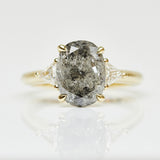 9ct yellow gold salt and pepper oval diamond engagement trilogy ring