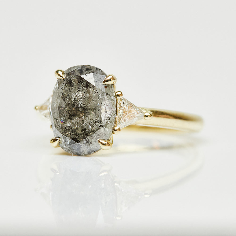 9ct yellow gold salt and pepper oval diamond engagement trilogy ring