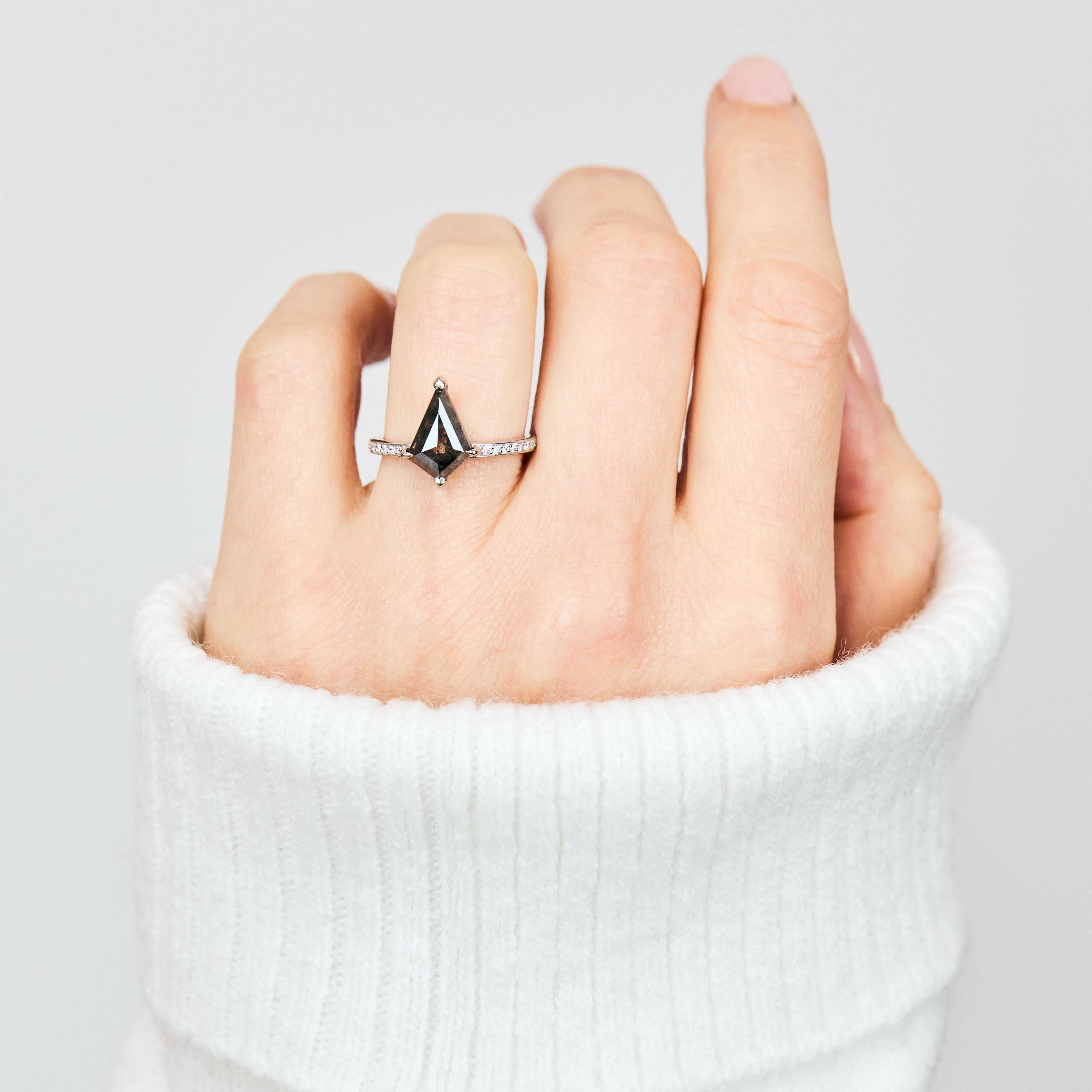 Platinum salt and pepper kite diamond engagement solitaire ring