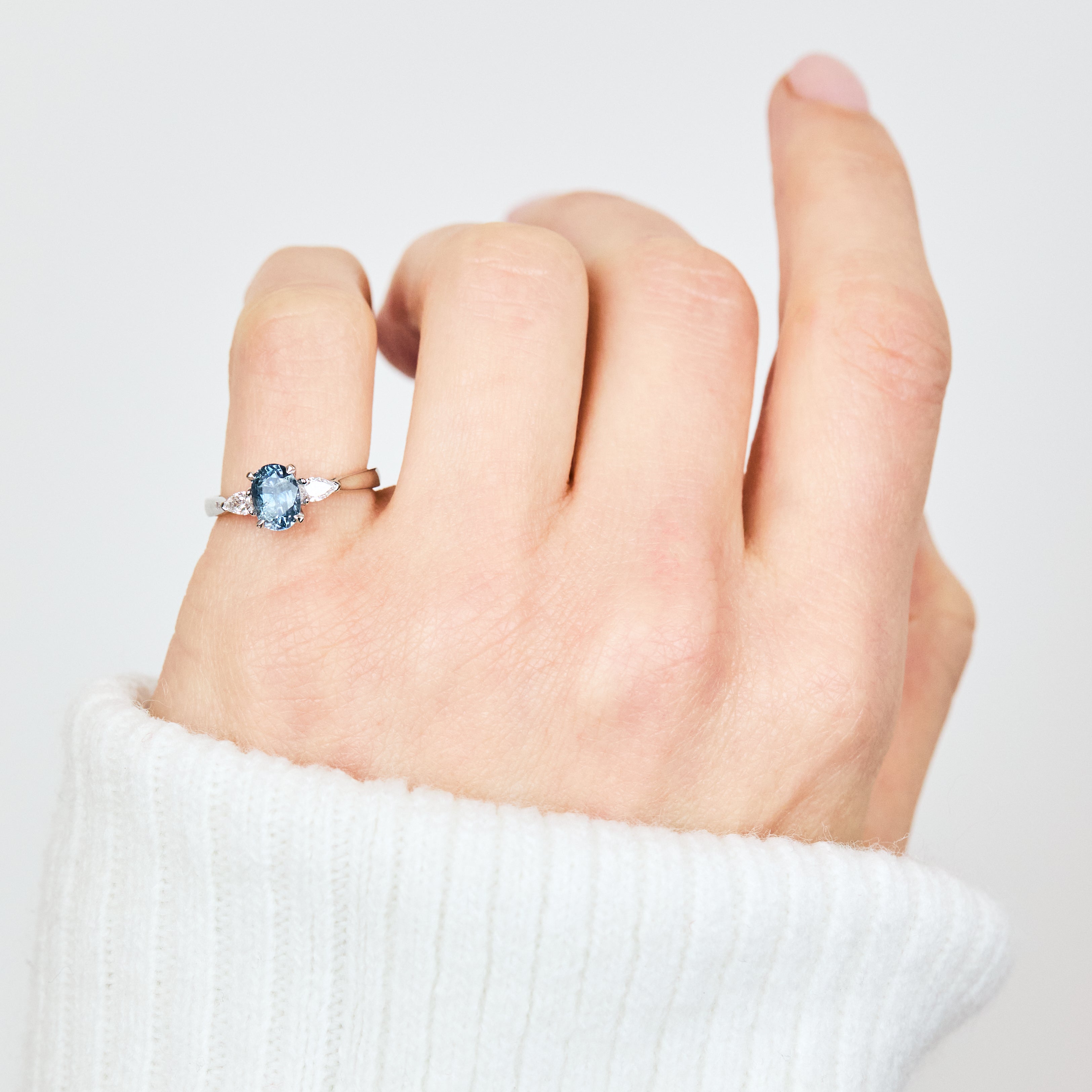 Oval Blue Teal Sapphire Engagement Ring Trilogy