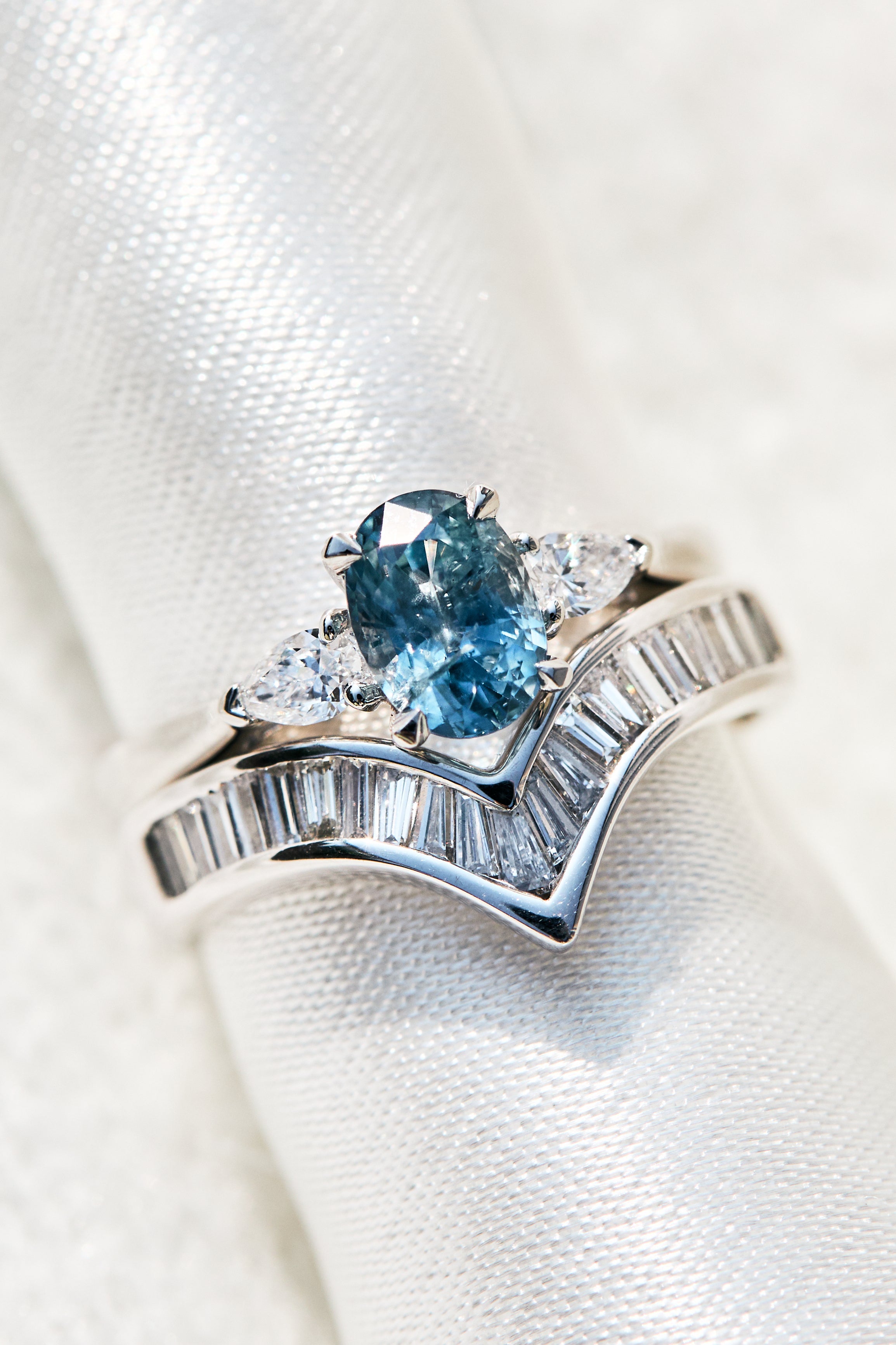 Oval Blue Teal Sapphire Engagement Ring Trilogy