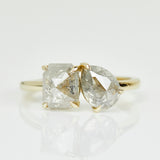 18ct yellow gold salt and pepper pear and emerald cut diamond engagement toi et moi ring