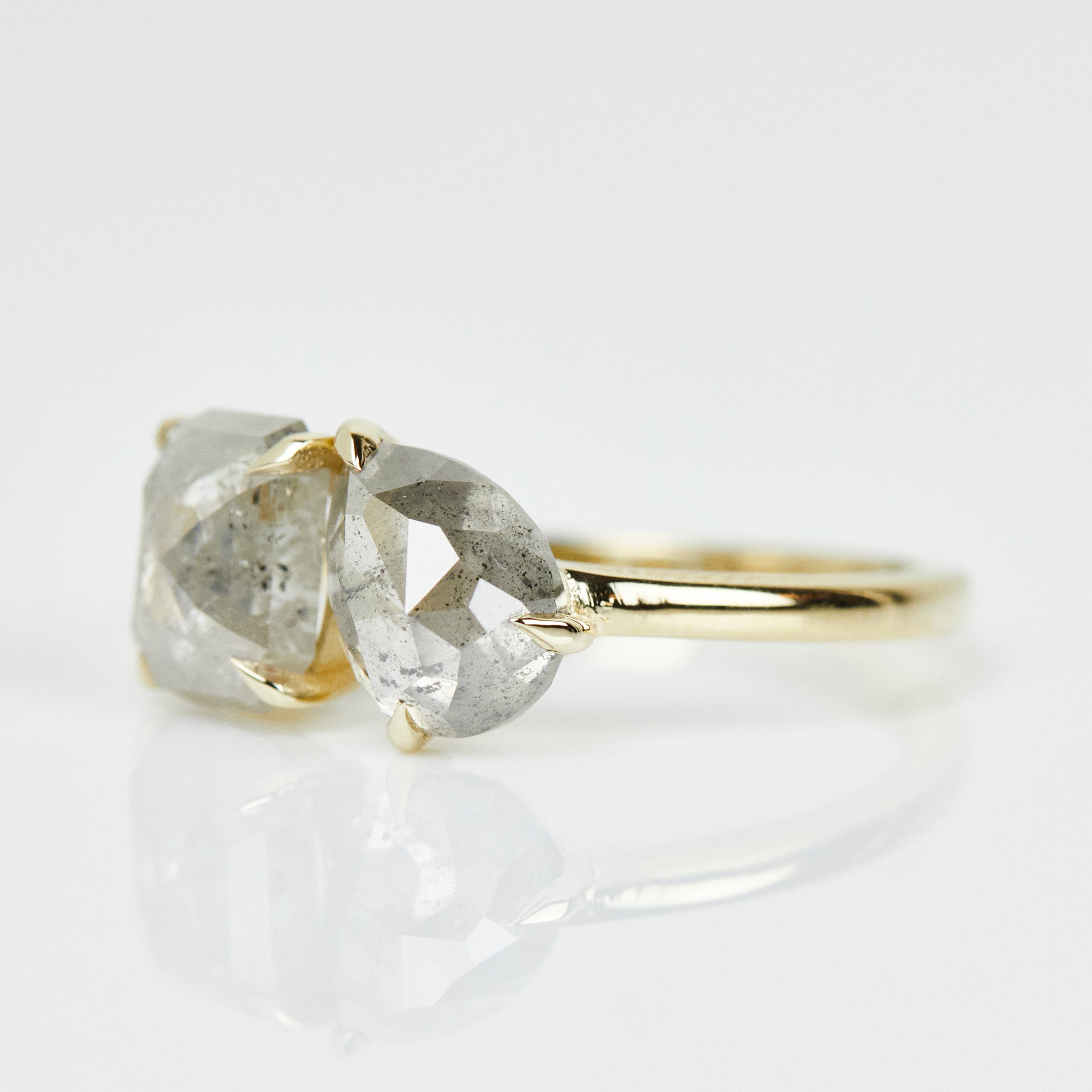 18ct yellow gold salt and pepper pear and emerald cut diamond engagement toi et moi ring