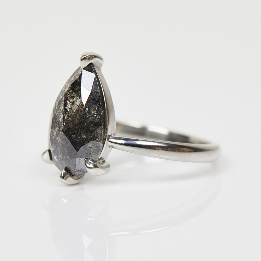 Platinum salt and pepper pear diamond engagement solitaire ring