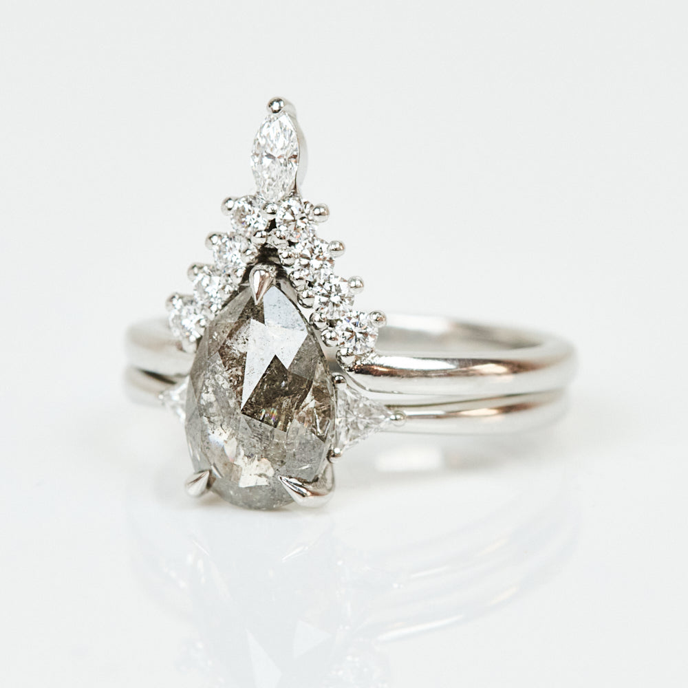 Platinum salt and pepper pear diamond engagement trilogy ring