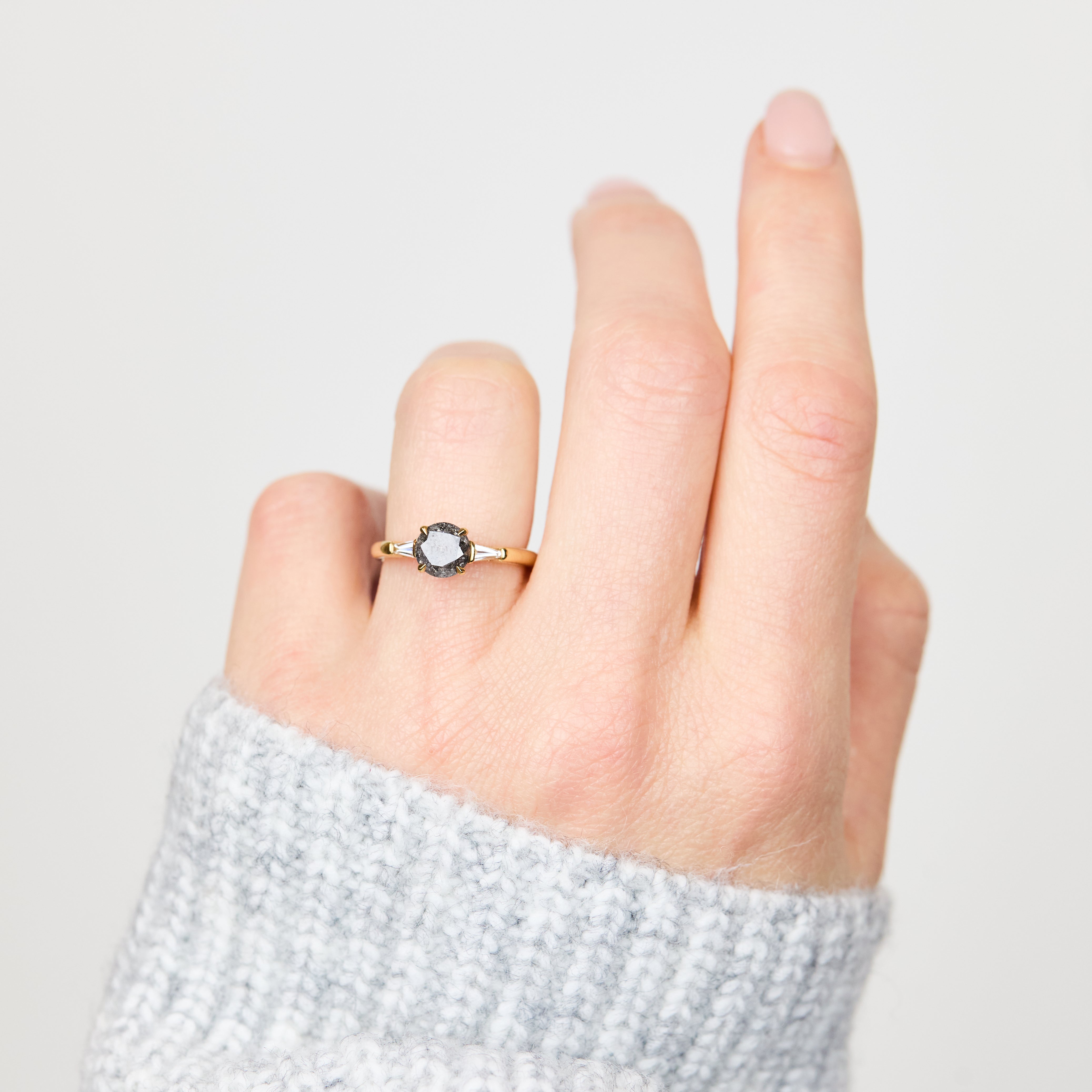 18ct yellow gold salt and pepper round brilliant cut diamond engagement trilogy ring