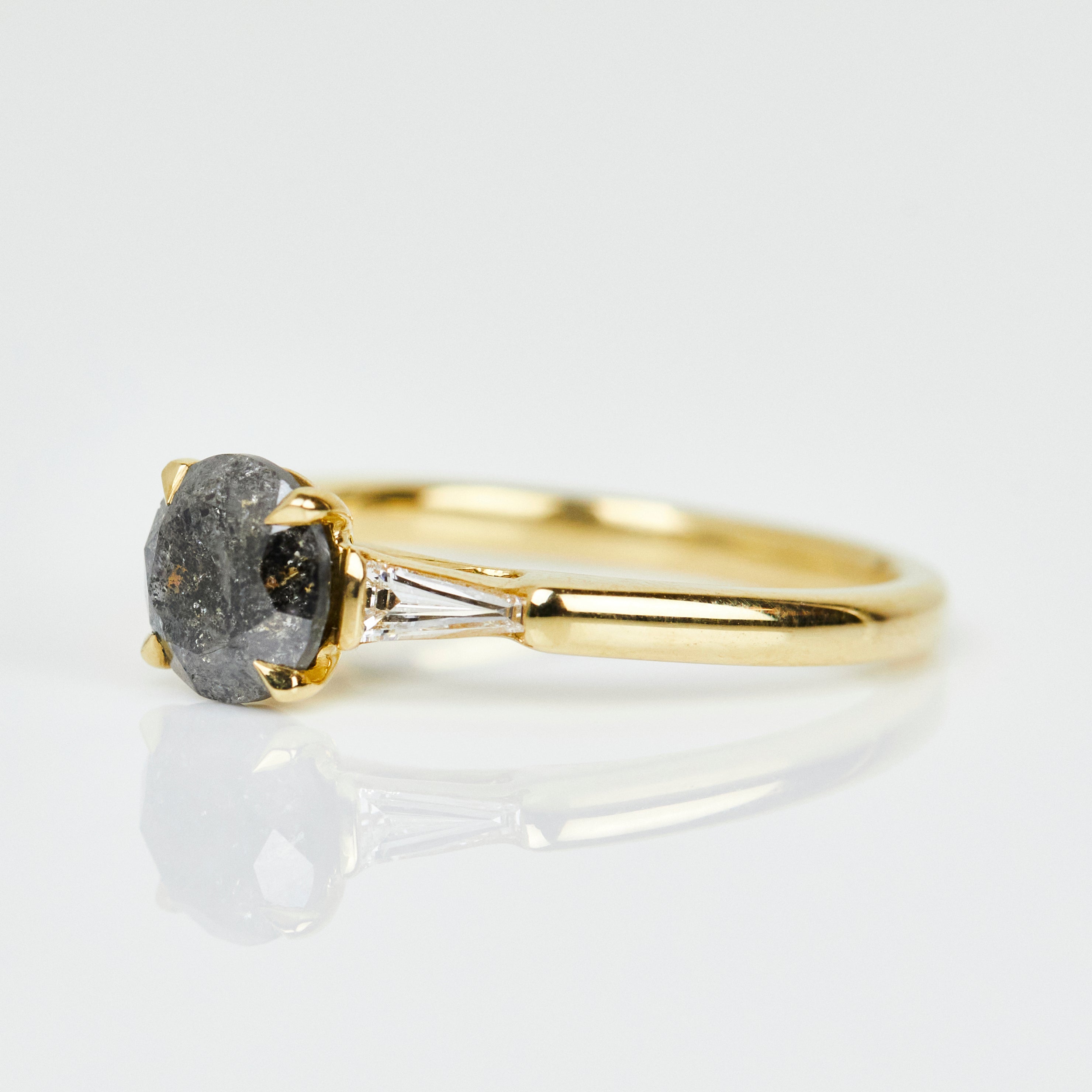 18ct yellow gold salt and pepper round brilliant cut diamond engagement trilogy ring