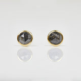 Round rose-cut salt and pepper diamond stud earrings in yellow gold.