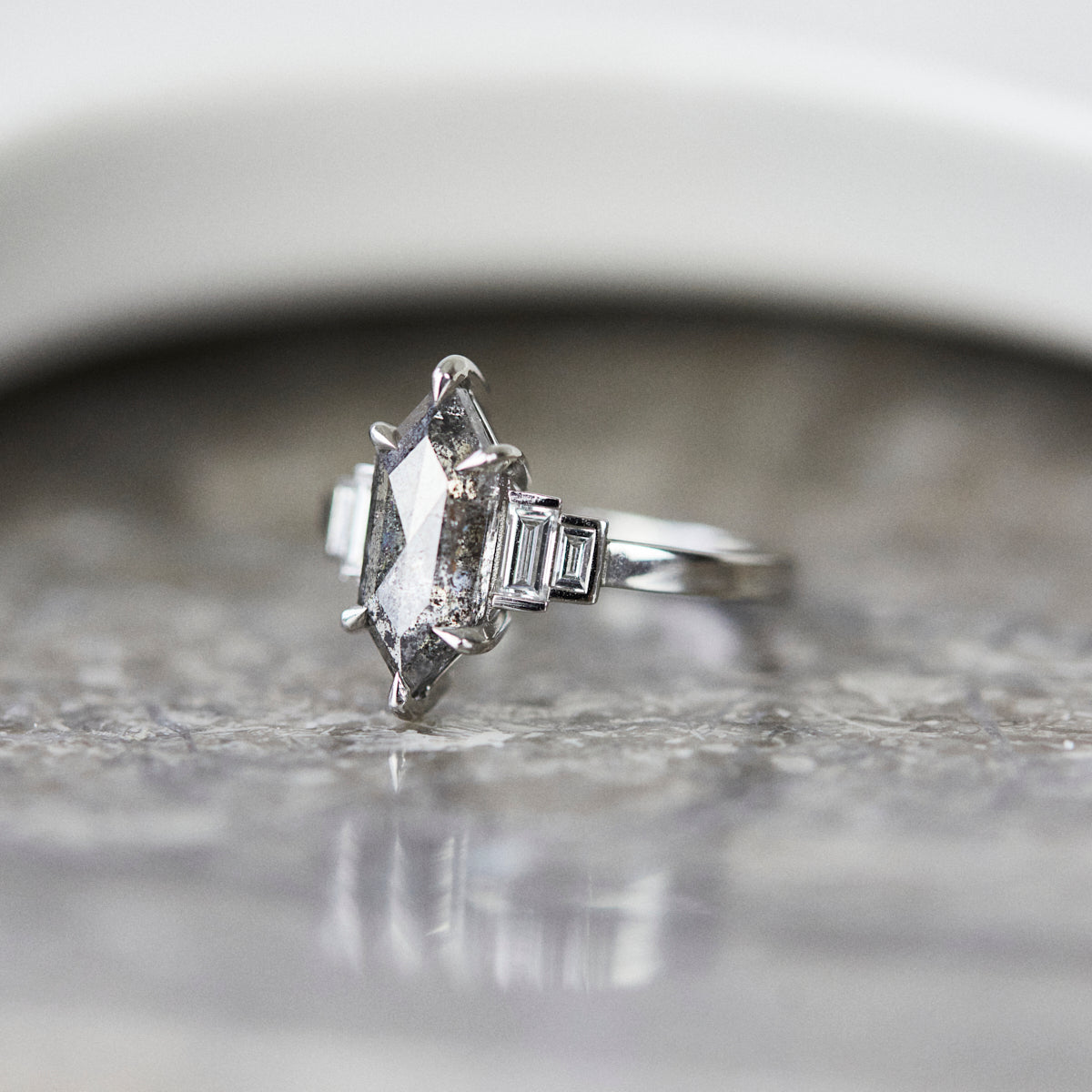 Platinum salt and pepper hexagon diamond engagement one-of-a-kind ring