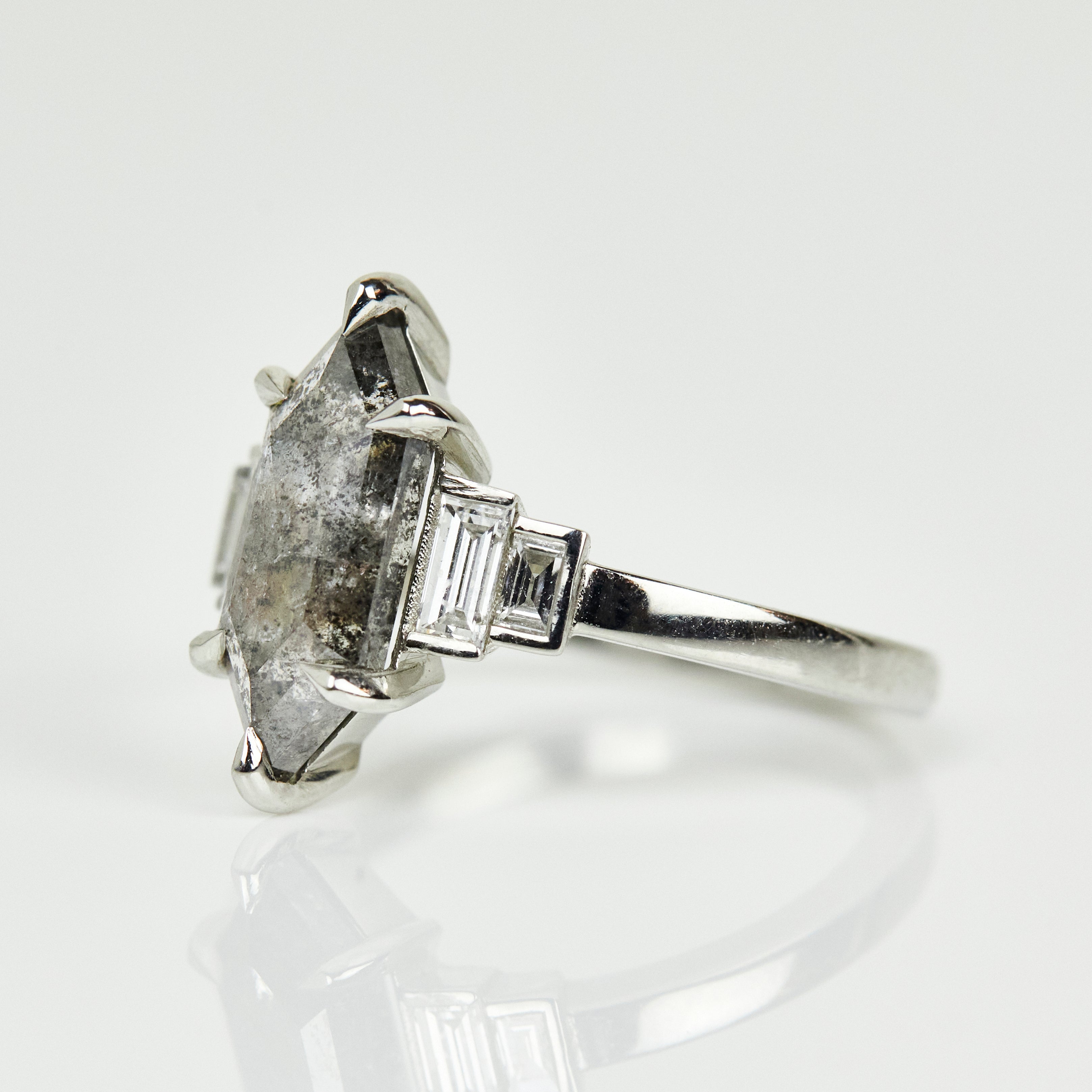 Platinum salt and pepper hexagon diamond engagement one-of-a-kind ring