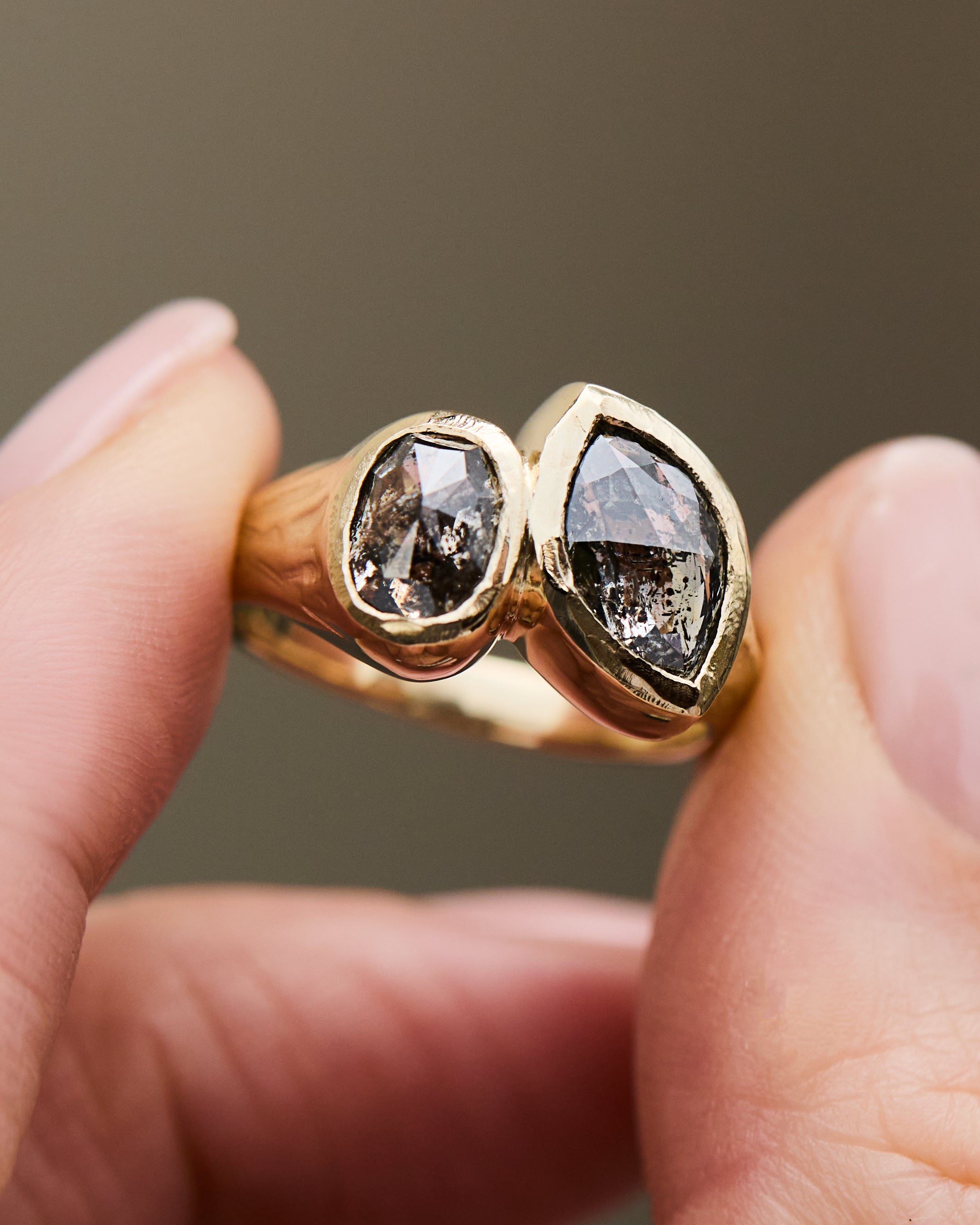 Marquise & Oval Salt and Pepper Diamond Engagement Ring, One of a Kind