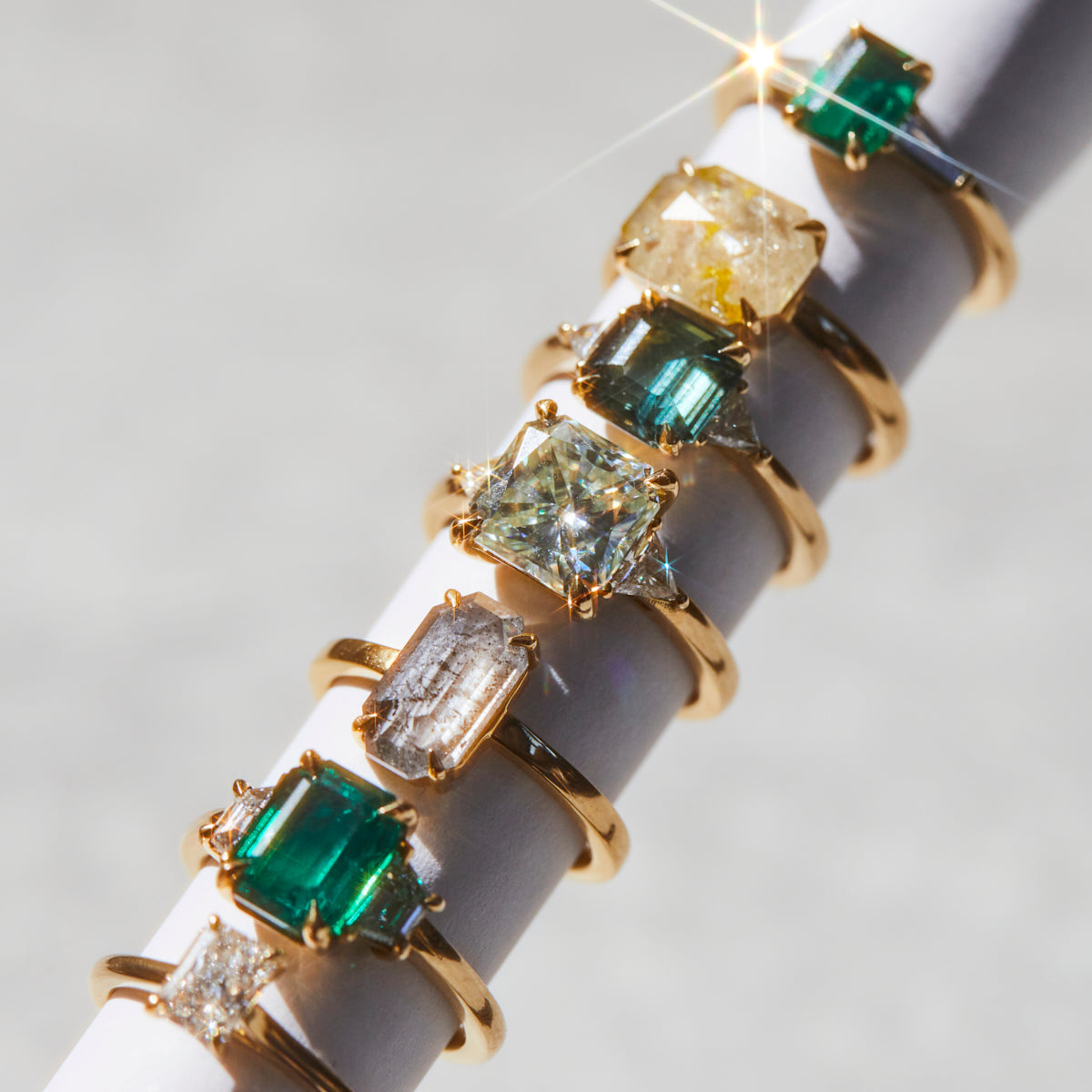 18ct yellow gold salt and pepper emerald cut diamond engagement solitaire ring