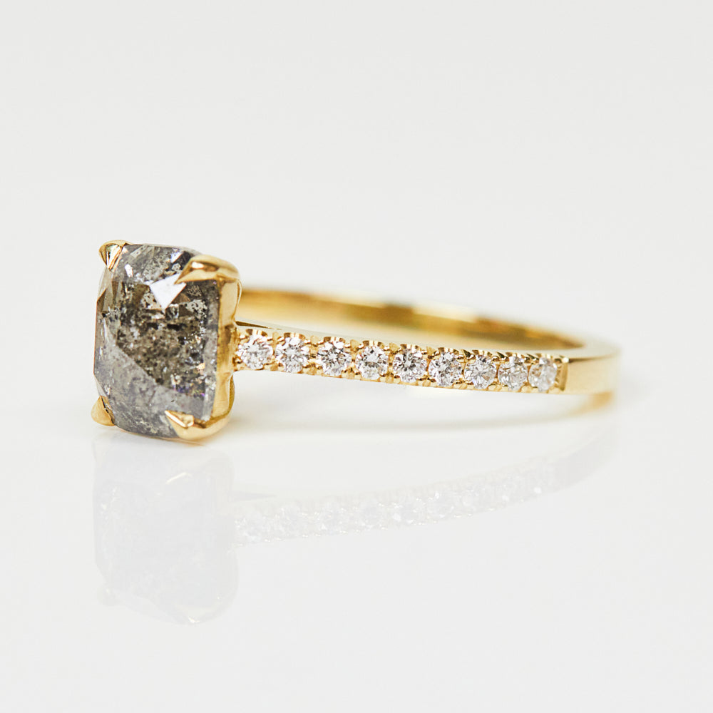 18ct yellow gold salt and pepper cushion cut diamond engagement pavé ring