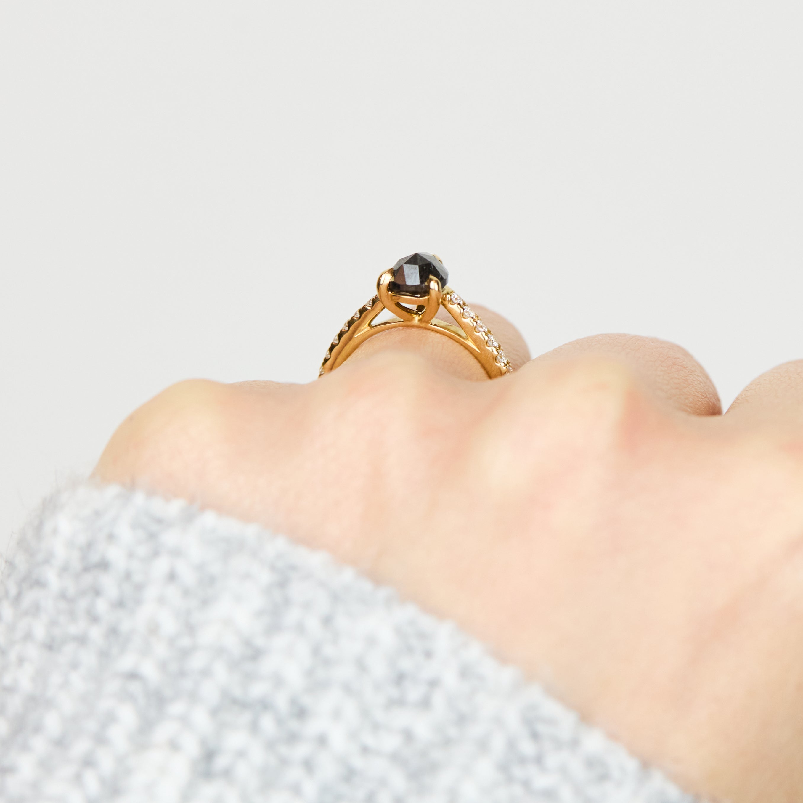 18ct yellow gold salt and pepper pear diamond engagement pavé ring