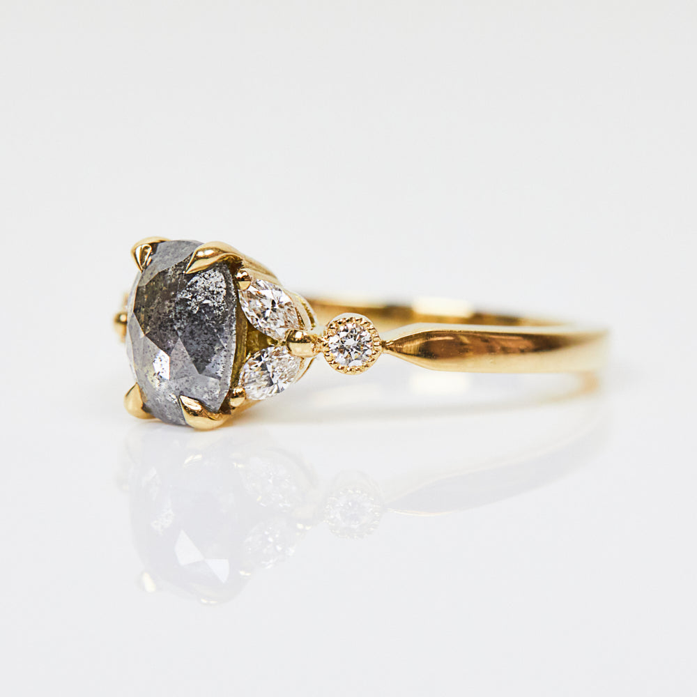 18ct yellow gold salt and pepper oval diamond engagement one-of-a-kind ring
